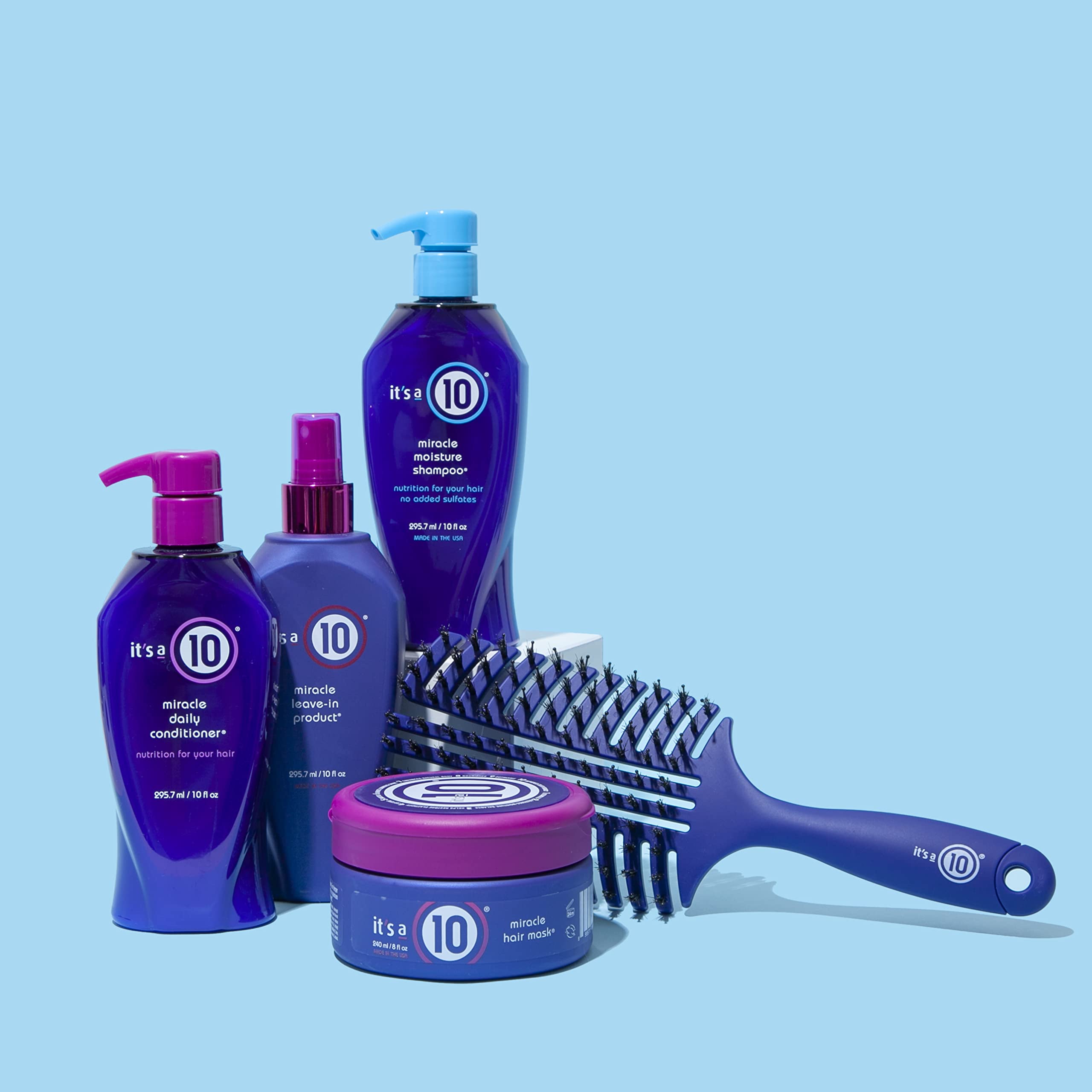 It's a 10 Haircare Miracle Moisture Shampoo pump bottle emphasizes convenient cleansing.