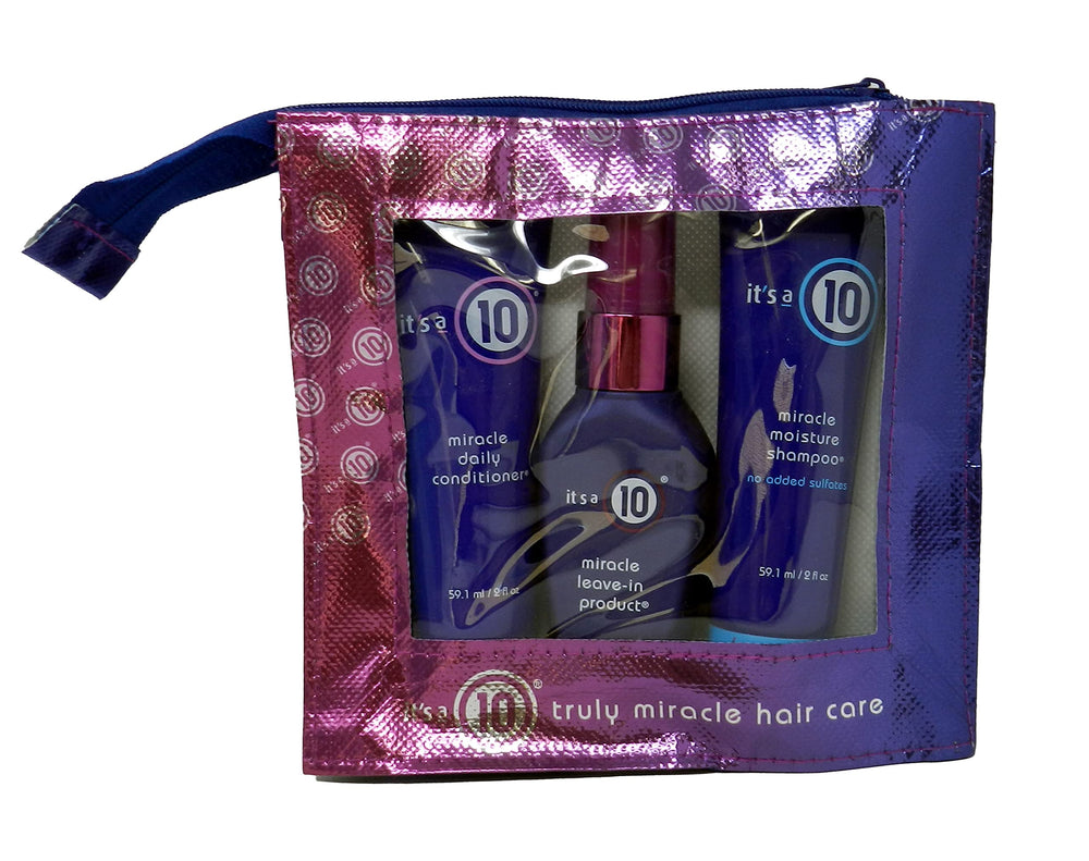 It's a 10 Miracle Originals Kit travel conditioner and leave-in bottles boosting moisture and easy styling.