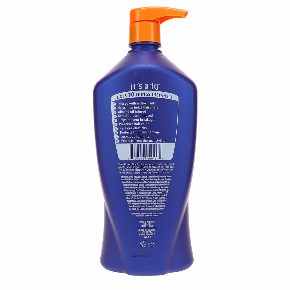 It's a 10 Haircare Miracle Shampoo Plus Keratin bottle back label highlights sun protection and moisture.
