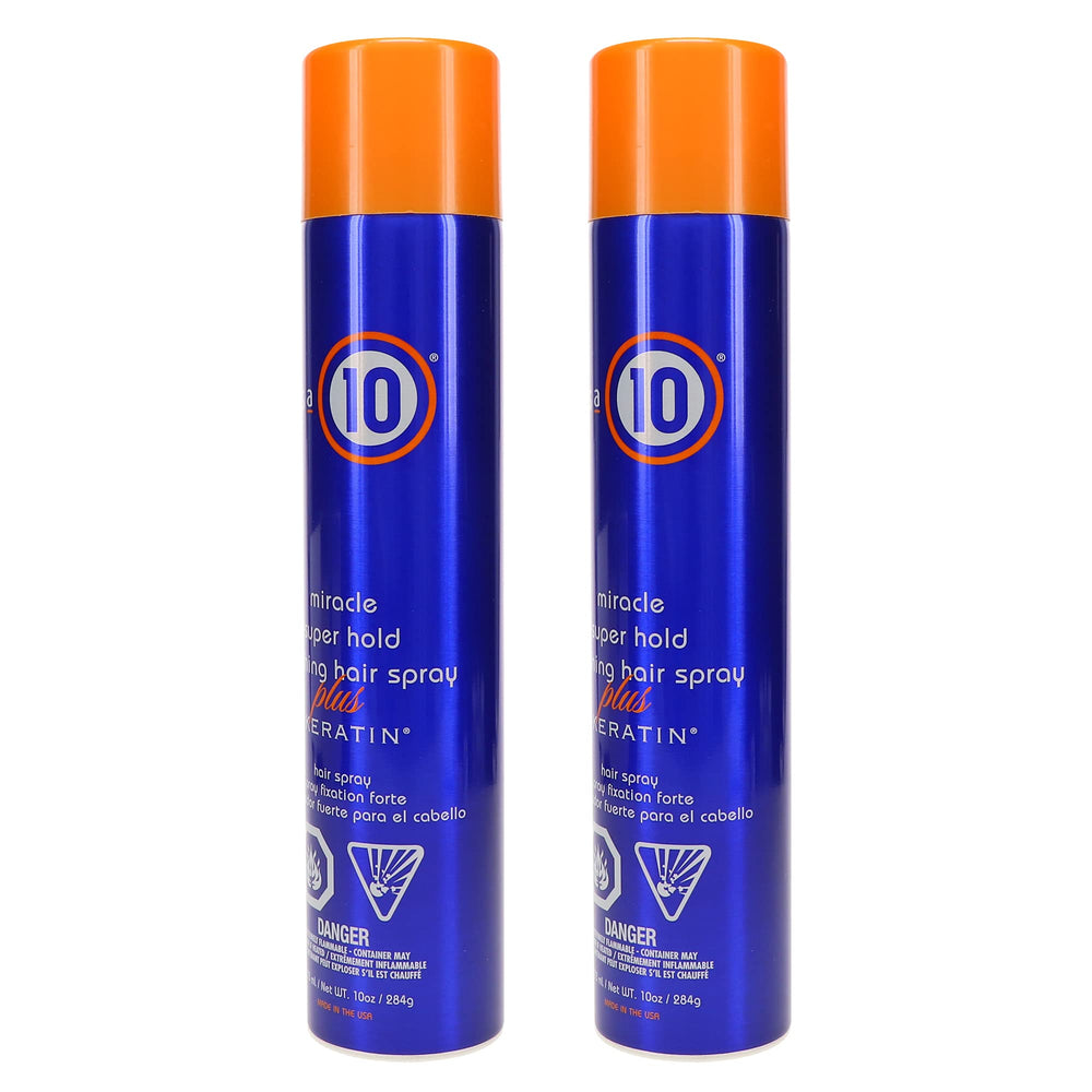 It's a 10 Haircare Miracle Super Hold Spray back label showing keratin benefits.
