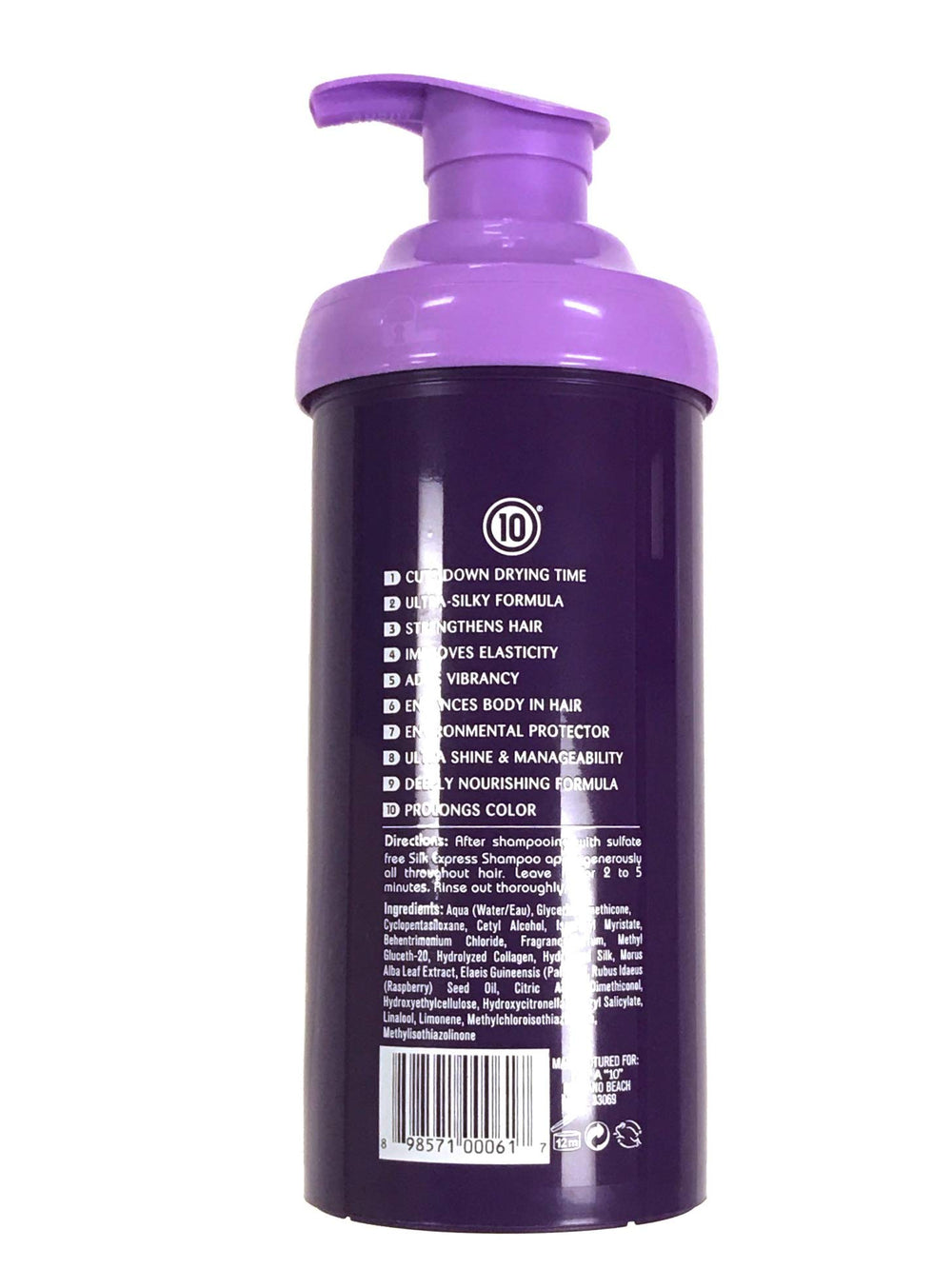It's a 10 Haircare Silk Express Miracle Silk Conditioner bottle front label highlights nourishing moisture.