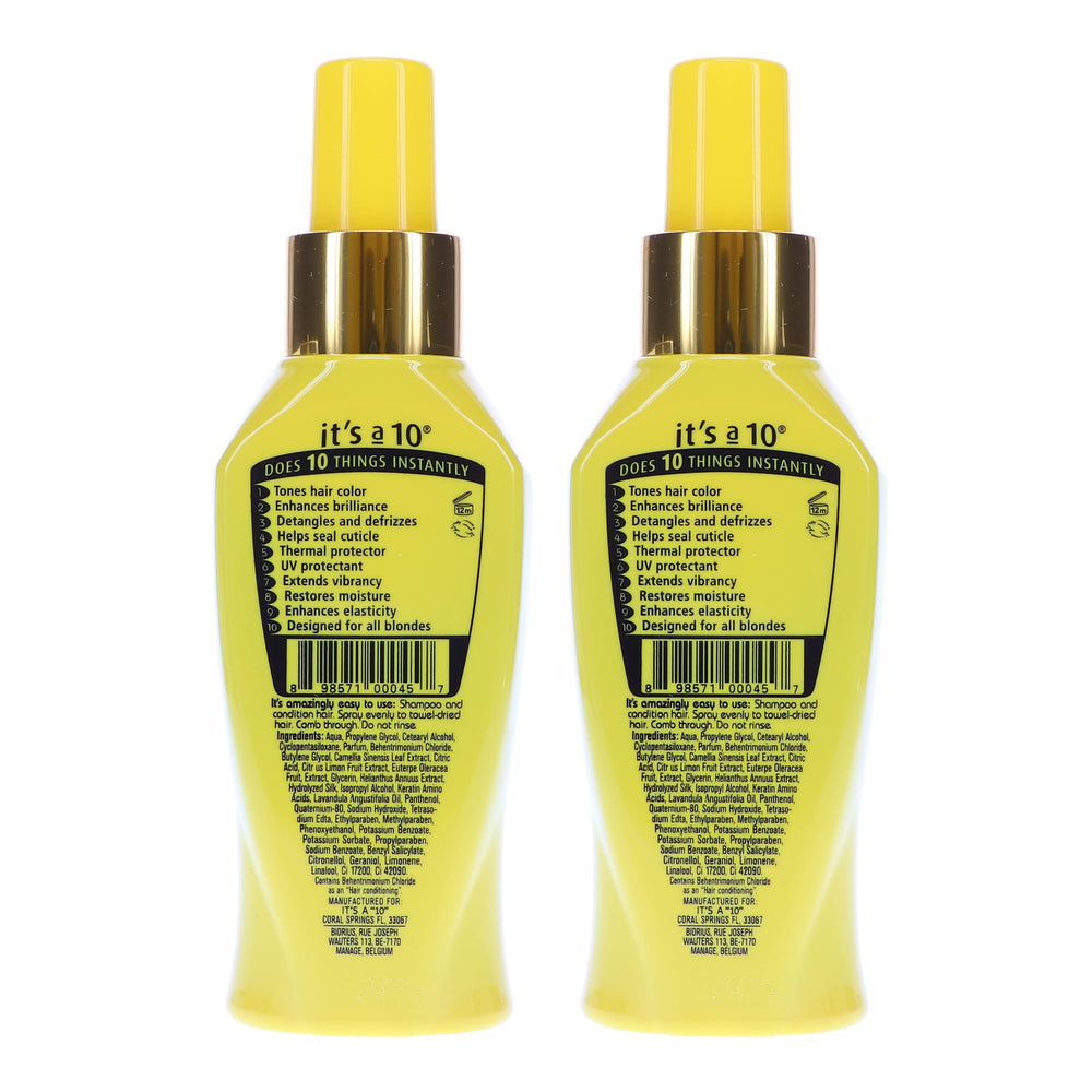 Its A 10 Miracle Blonde Leave-In close-up demonstrates violet-toned formula on bottle
