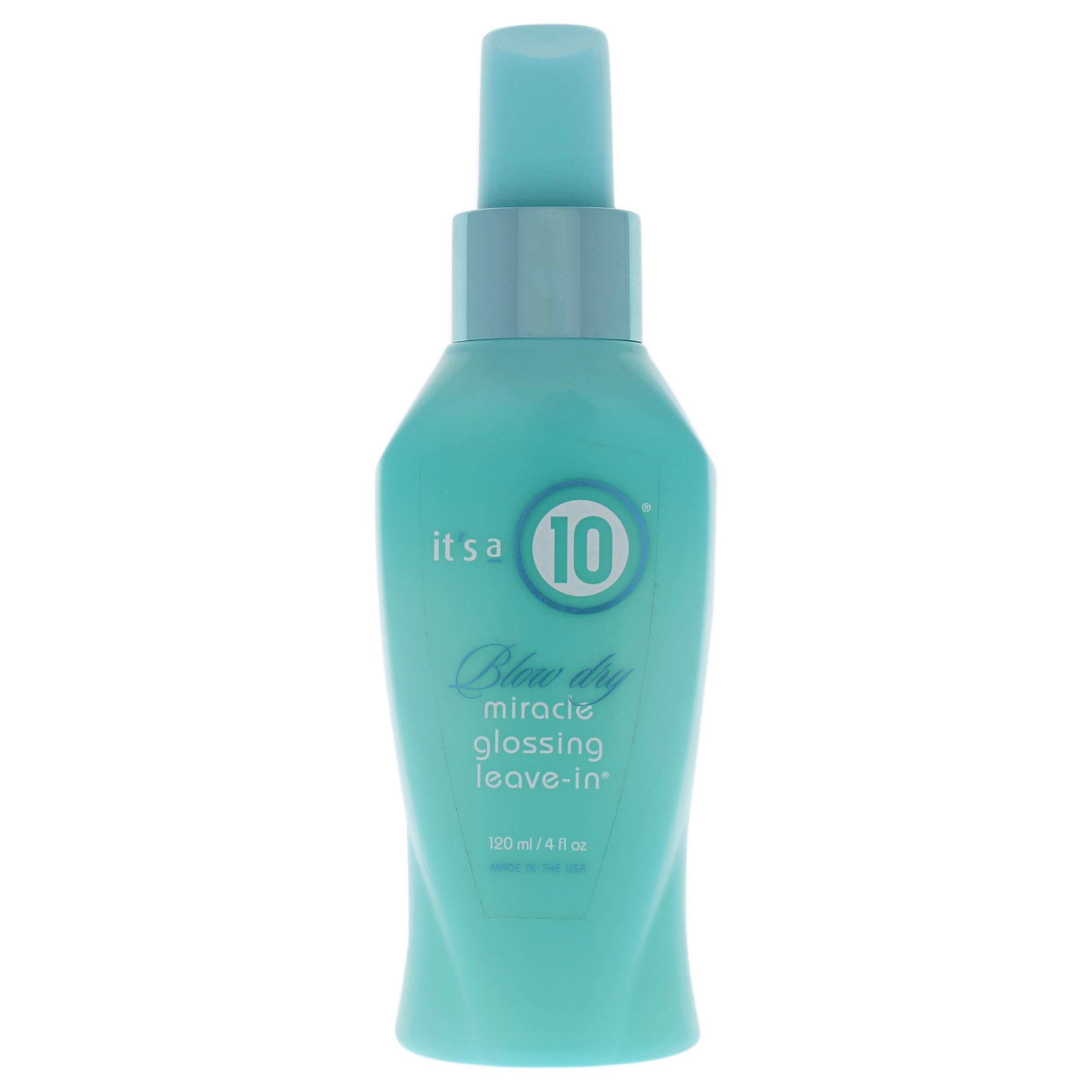 Its A 10 Miracle Blow Dry Glossing Leave-In bottle shows weightless shine and detangling.