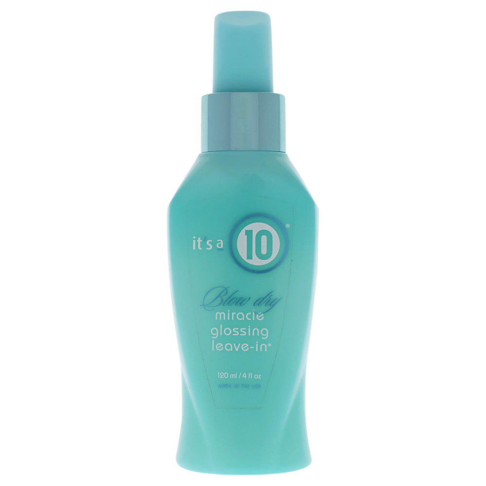 Its A 10 Miracle Blow Dry Glossing Leave-In bottle shows weightless shine and detangling.