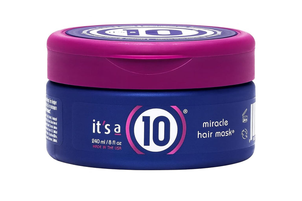 It's a 10 Miracle Hair Mask jar closeup for deep conditioning and shine.