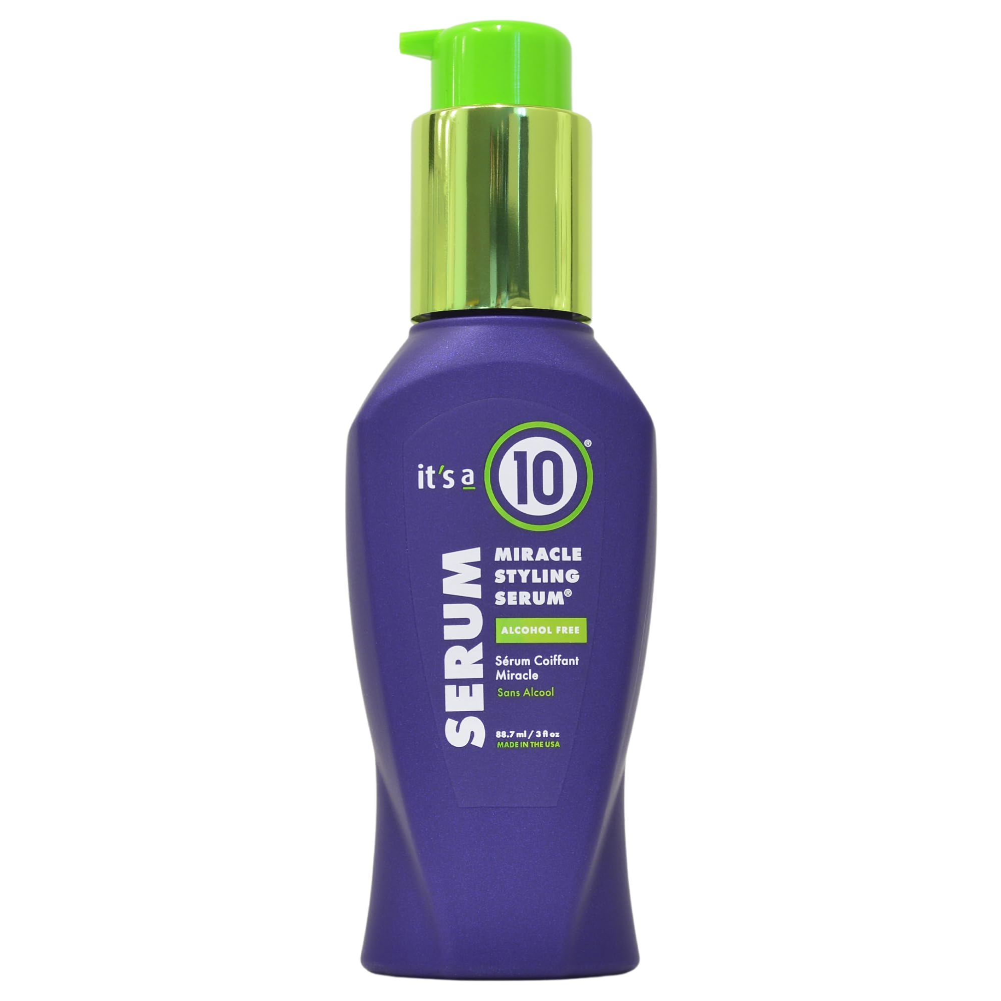 It's A 10 Miracle Styling Serum bottle shows shine and frizz control.