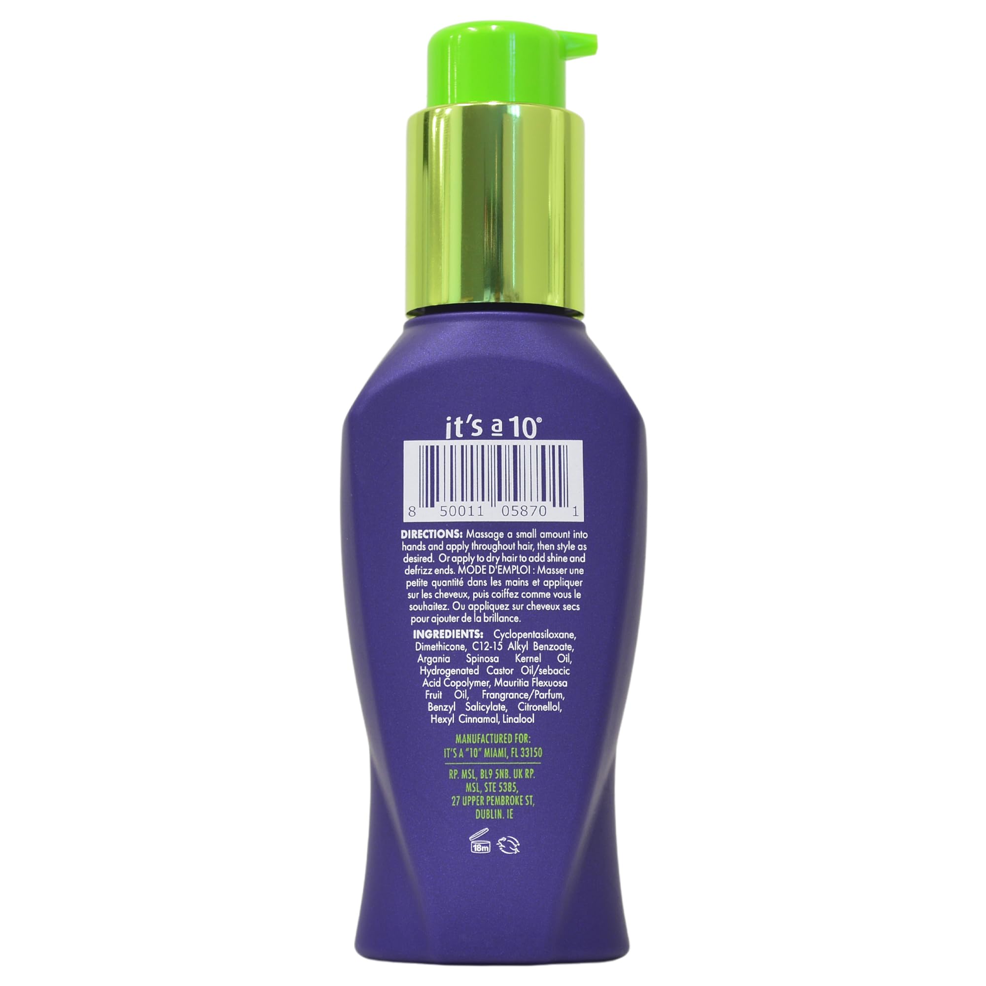 It's A 10 Miracle Styling Serum dispense cap reveals lightweight, non-greasy finish.