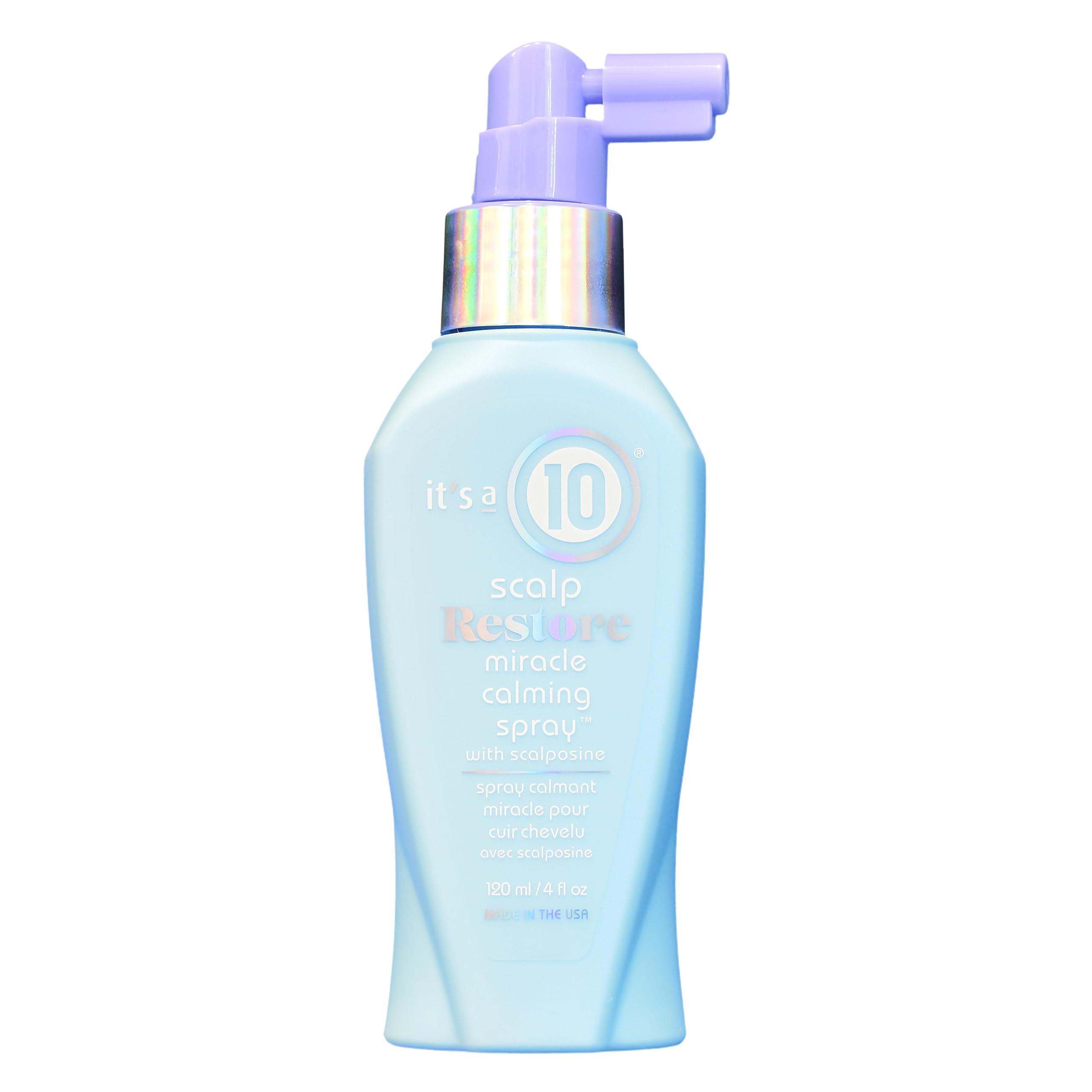 It's a 10 Scalp Restore Miracle Calming Spray bottle front view shows calming benefits