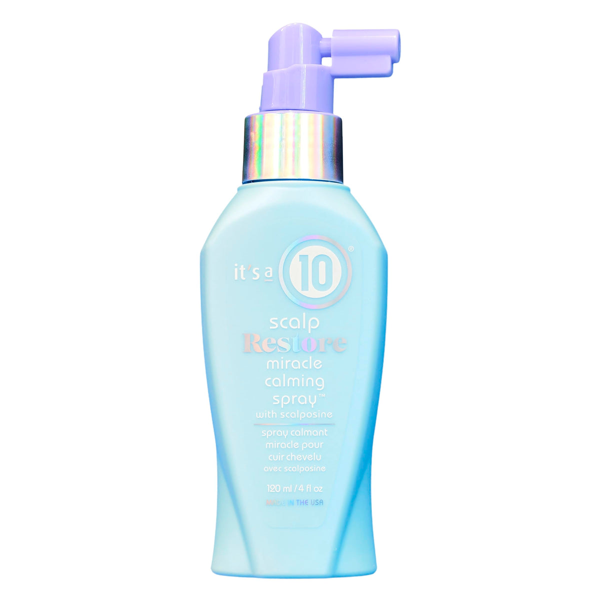 It's a 10 Scalp Restore Miracle Calming Spray bottle front view shows calming benefits