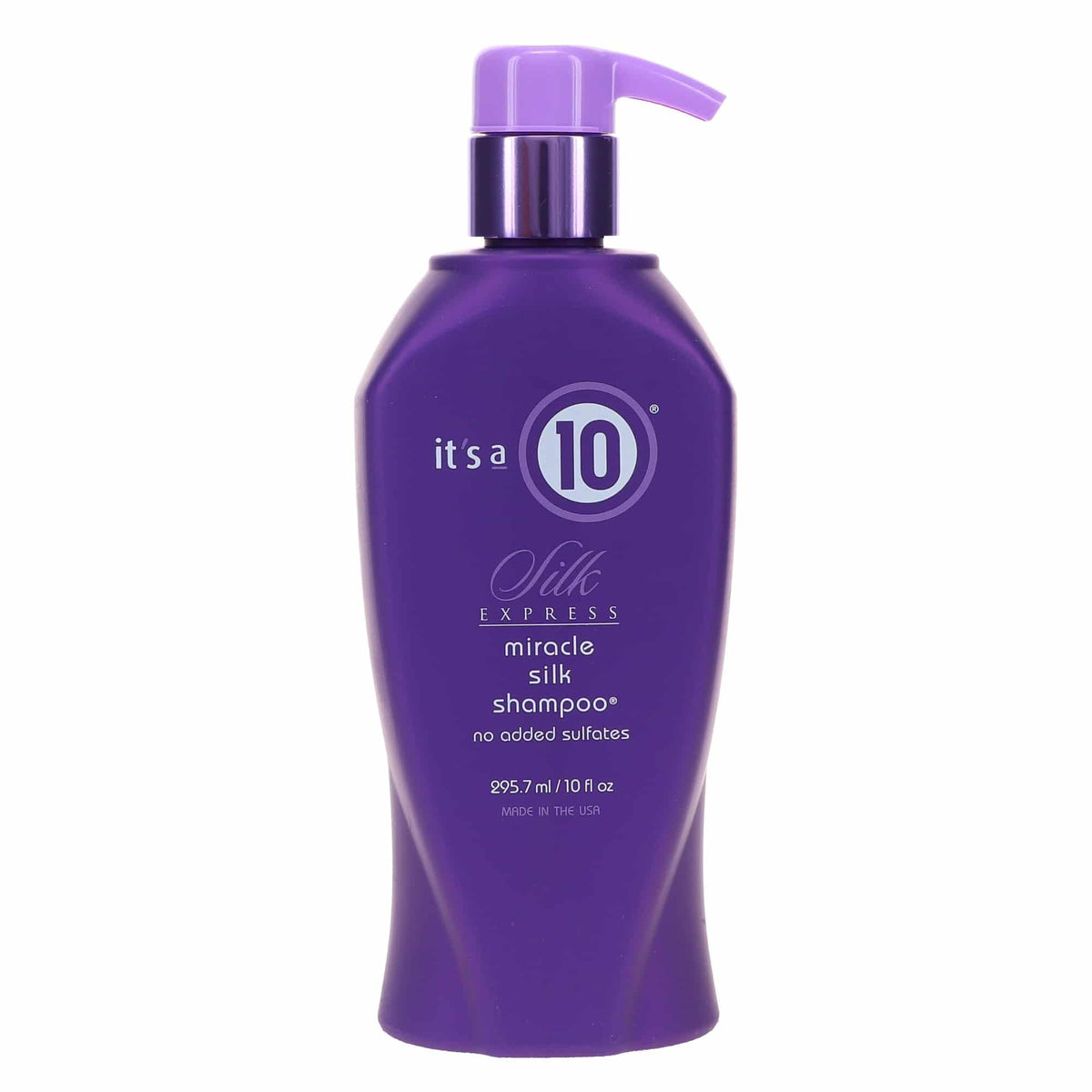 It's a 10 Haircare Silk Express Miracle Silk Shampoo bottle front for silky shine.