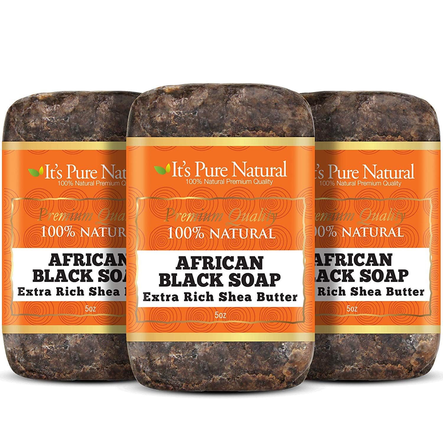 It's Pure Natural African Black Soap bars pack 3 front view for daily cleansing.