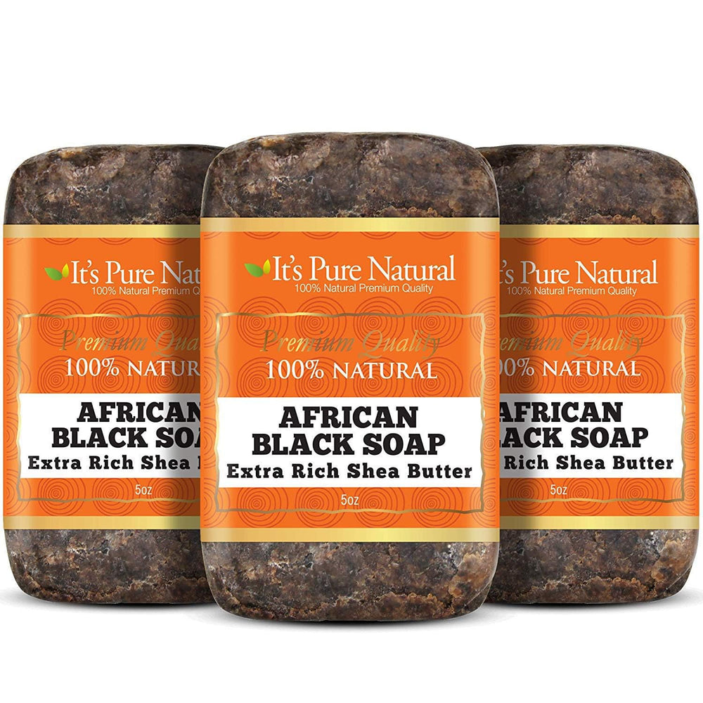 It's Pure Natural African Black Soap bars pack 3 front view for daily cleansing.