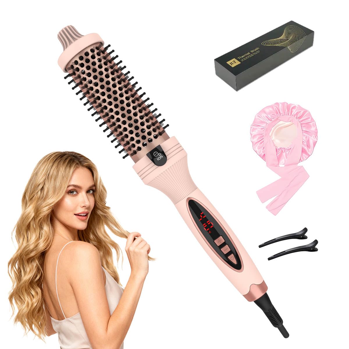 IUIBeauty Thermal Brush front view in pink showing sleek design for salon-like styling