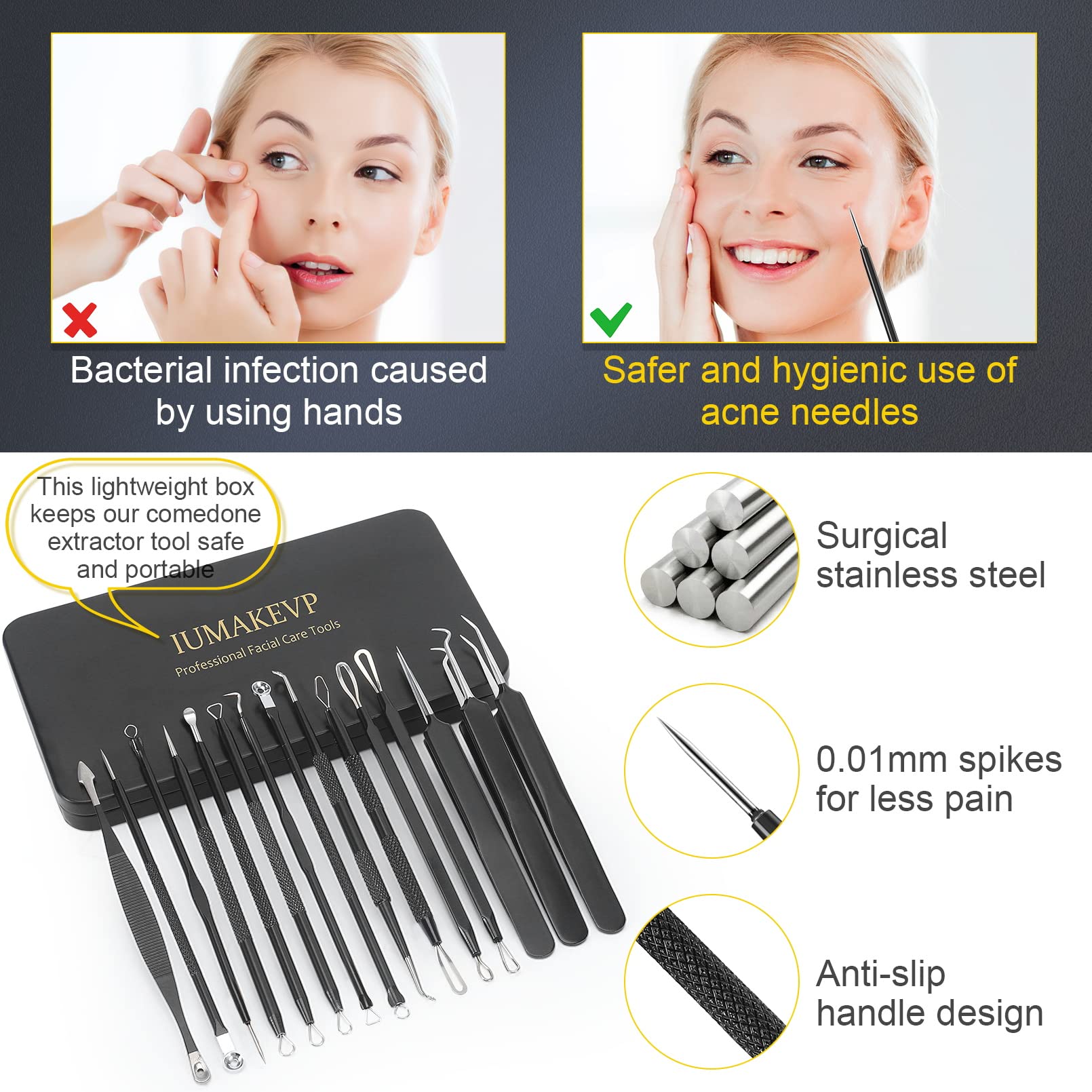 IUMAKEVP micro-tip needle for blackheads image focusing on safe extraction