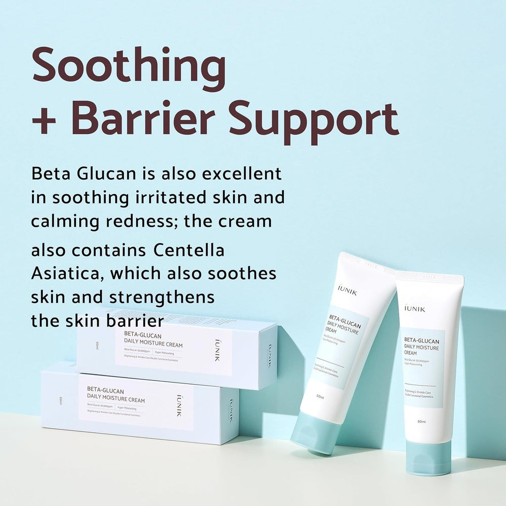 IUNIK Beta-Glucan Centella Asiatica extract close-up emphasizes soothing plant-derived ingredients.