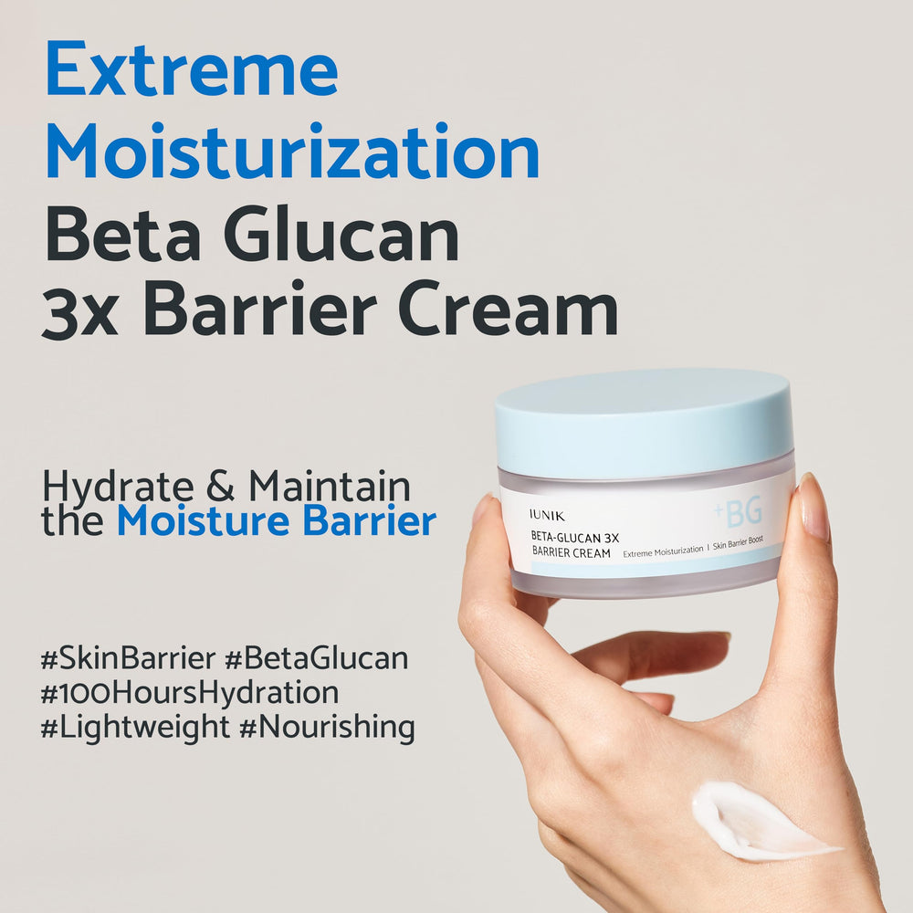 IUNIK Beta-Glucan cream texture spread showing non-sticky finish for sensitive skin.