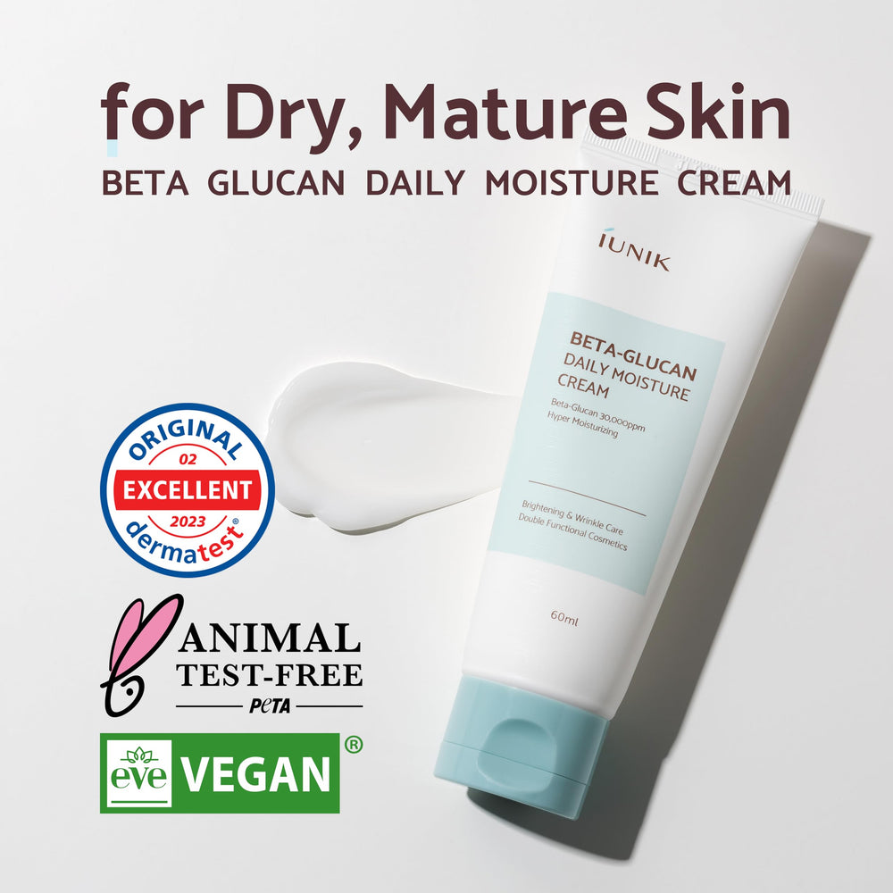 IUNIK Beta-Glucan daily moisture cream bottle demonstrates fast-absorbing formula for a non-greasy feel.