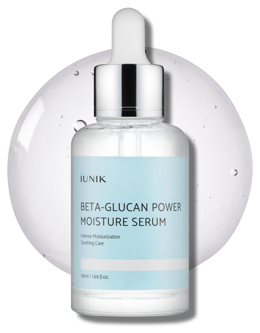 IUNIK Beta-Glucan Power Deep Moisture Serum bottle closeup shows instant hydration for dry skin