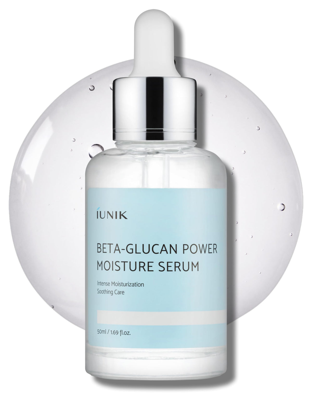 IUNIK Beta-Glucan Power Deep Moisture Serum bottle closeup shows instant hydration for dry skin