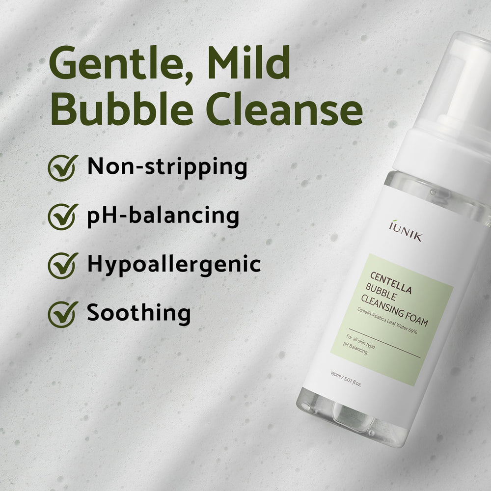 IUNIK Centella Bubble Foaming Cleanser bottle massage demonstrates a gentle cleanse for sensitive skin.