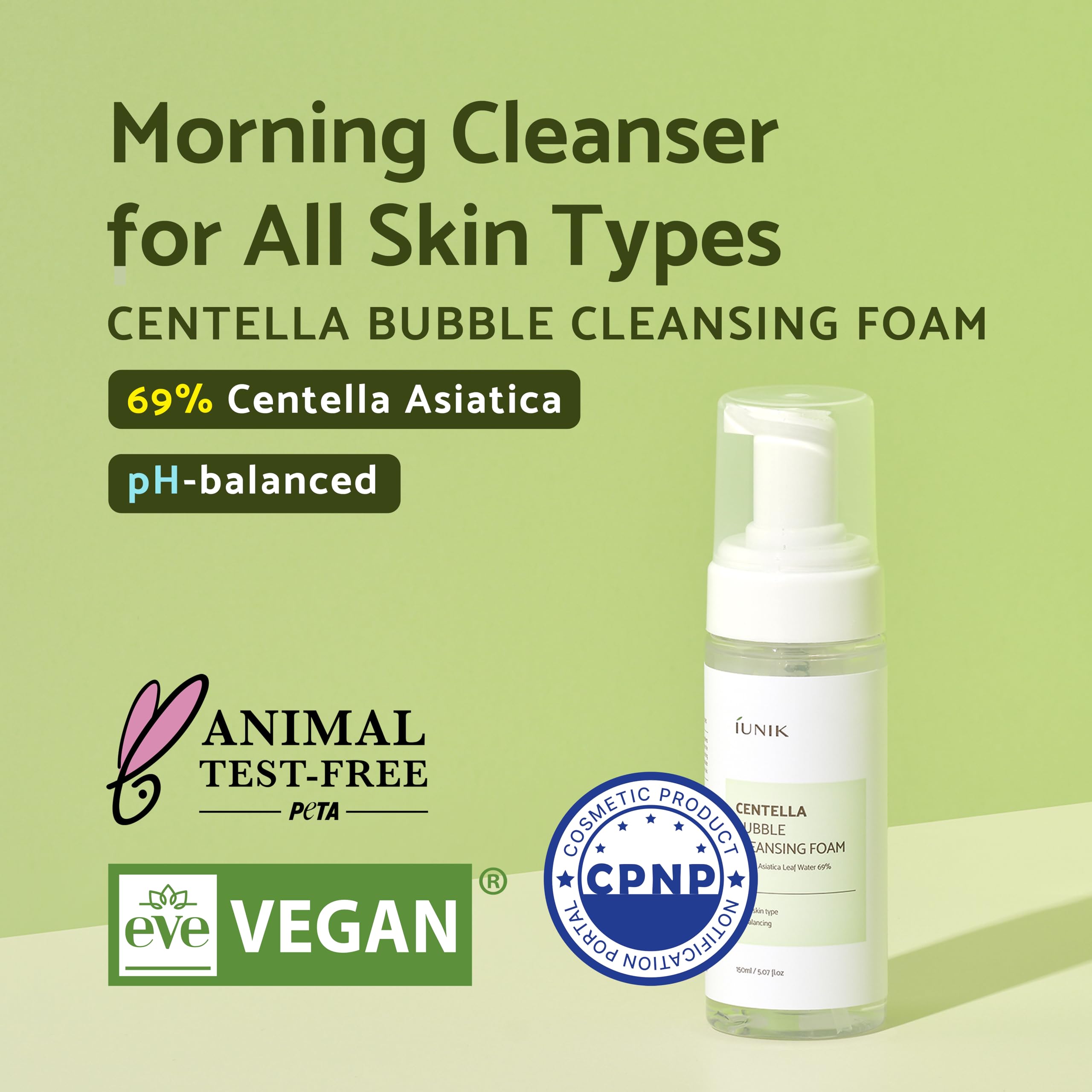 IUNIK Centella Bubble Foaming Cleanser foamy lather close-up emphasizes centella and tea tree soothing properties.
