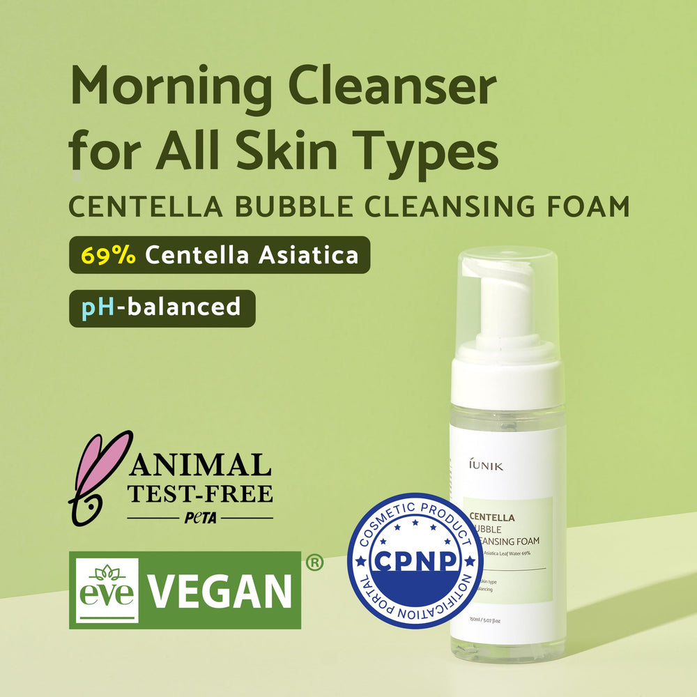 IUNIK Centella Bubble Foaming Cleanser foamy lather close-up emphasizes centella and tea tree soothing properties.