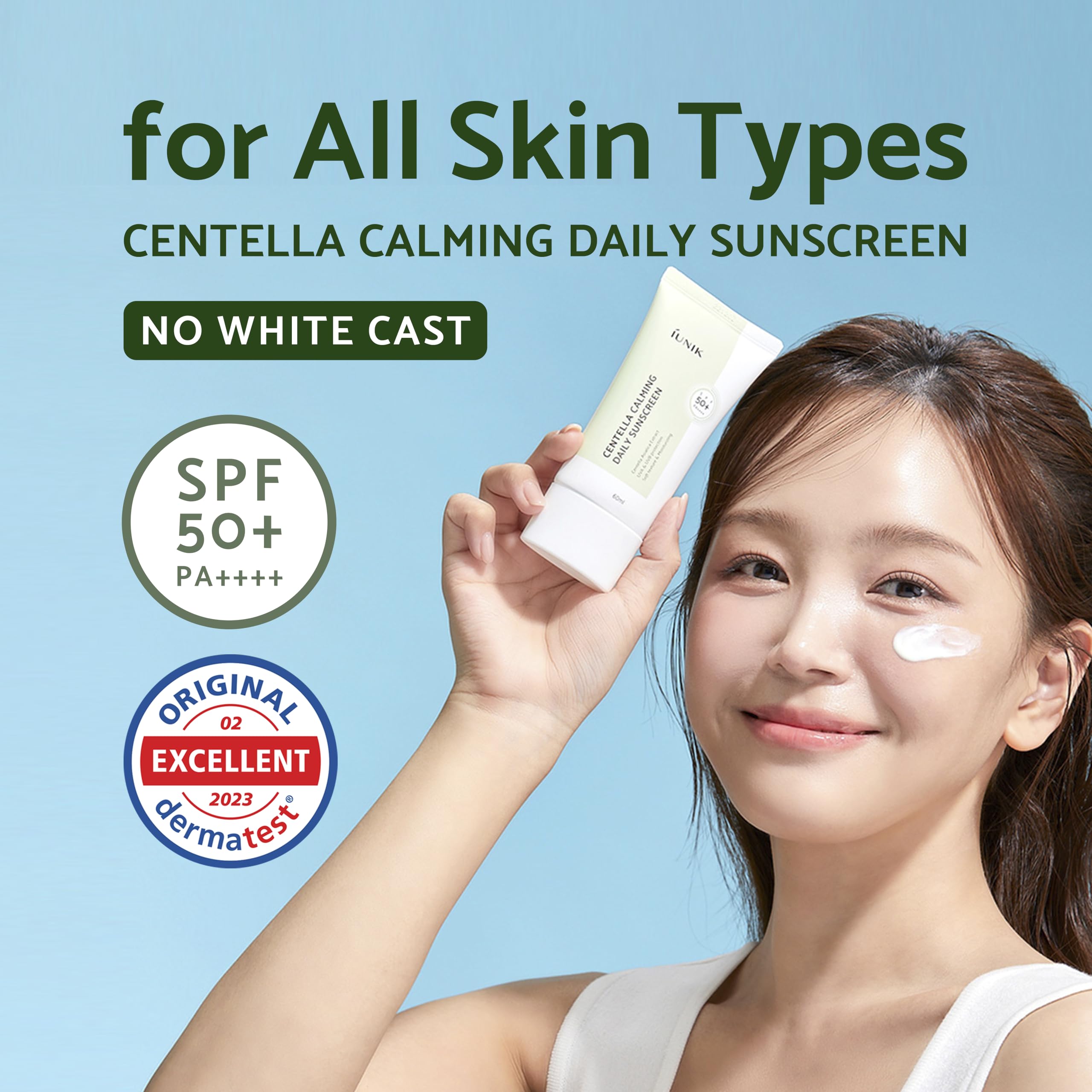IUNIK Centella Calming Sunscreen dispensing pump closeup for easy application