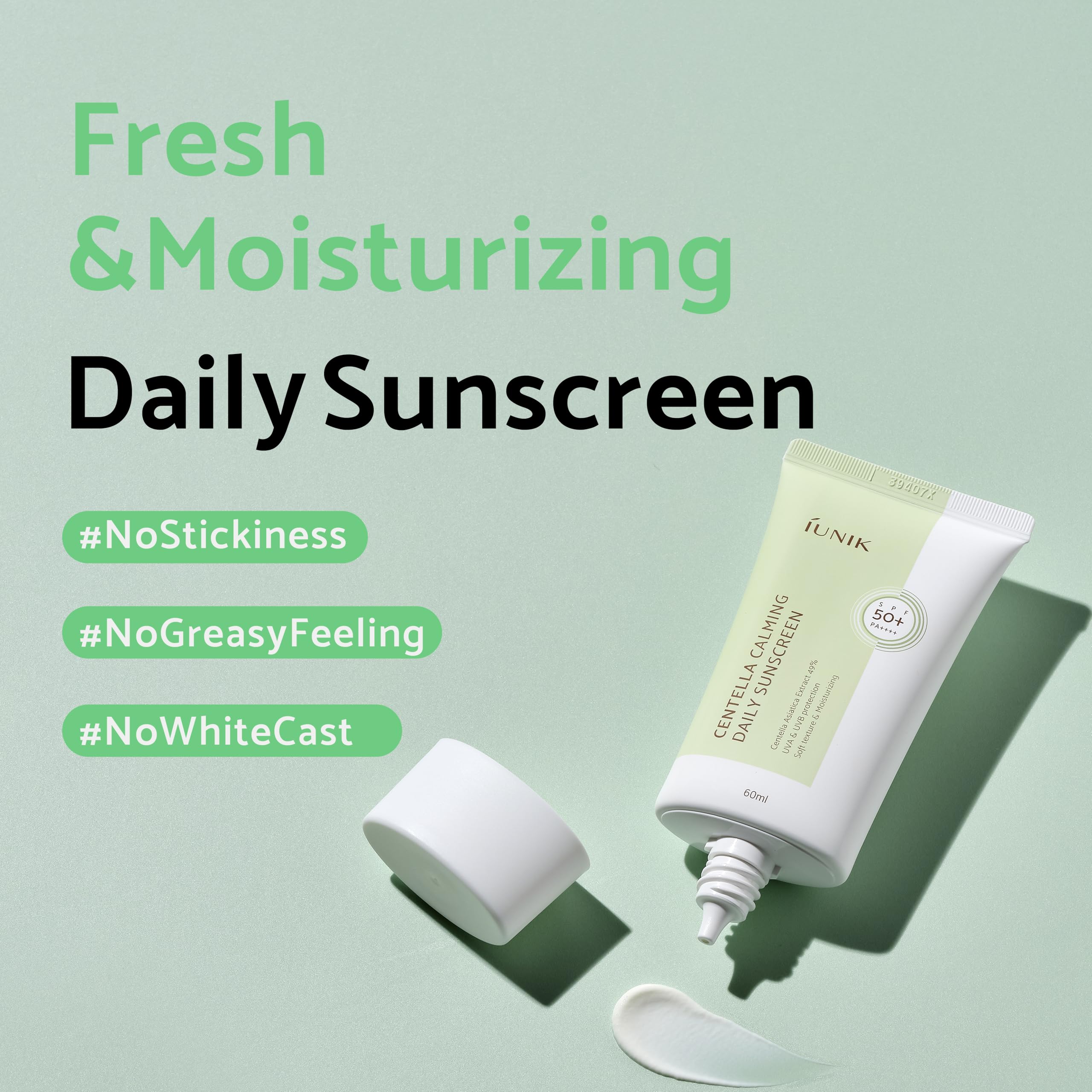 IUNIK Centella Calming Sunscreen texture closeup with soft gel finish