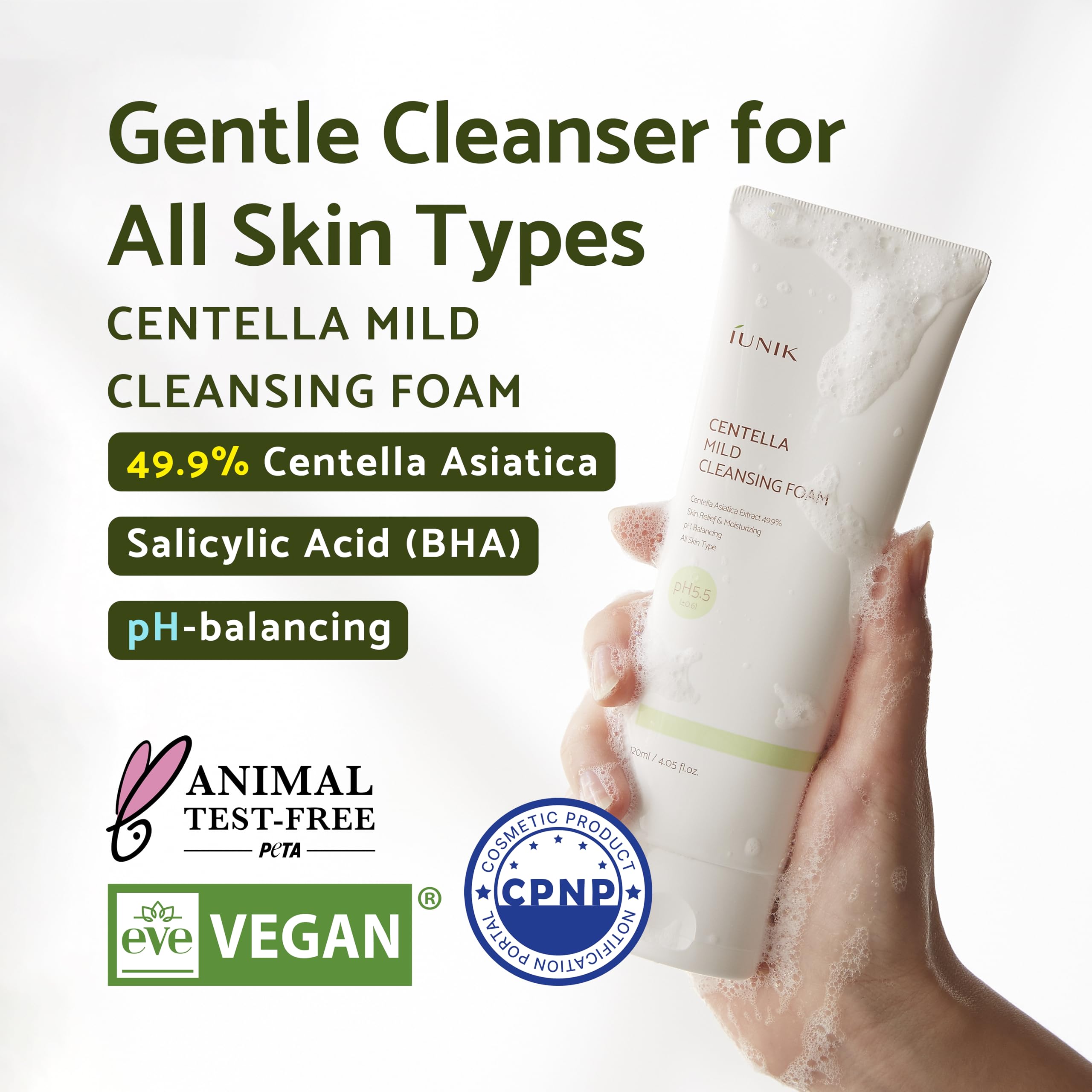 IUNIK Centella Mild Foaming Cleanser foam closeup shows creamy texture for sensitive skin.