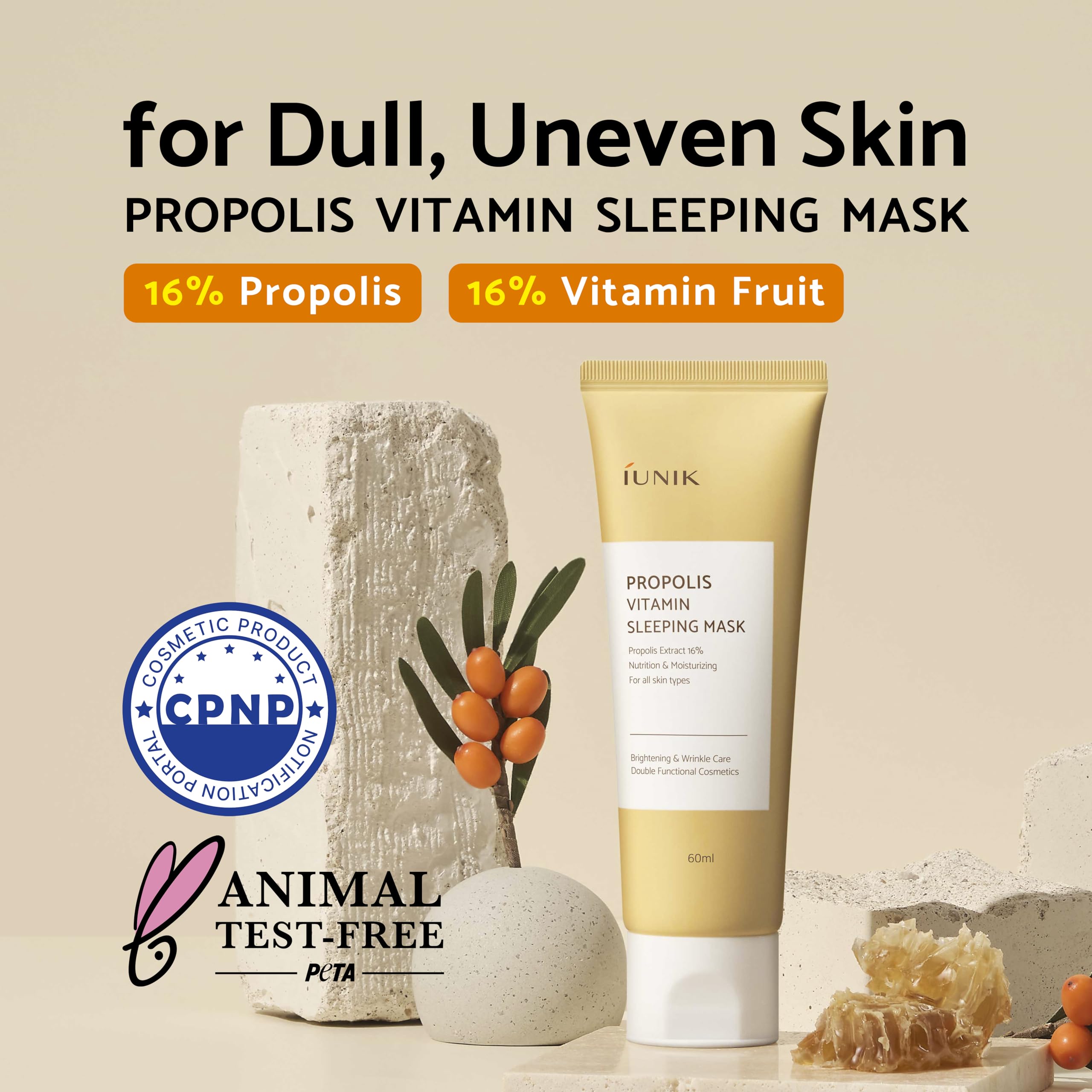 iUNIK sleeping mask tube closeup highlights skin-soothing ingredients.