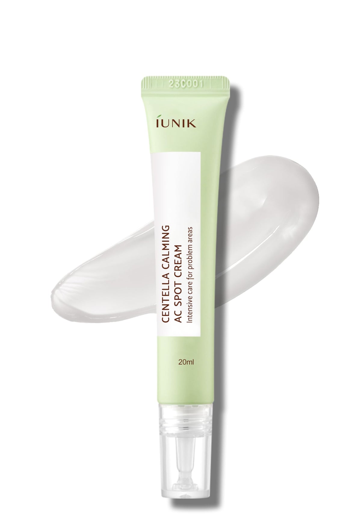IUNIK spot gel cream on acne for targeted soothing relief.