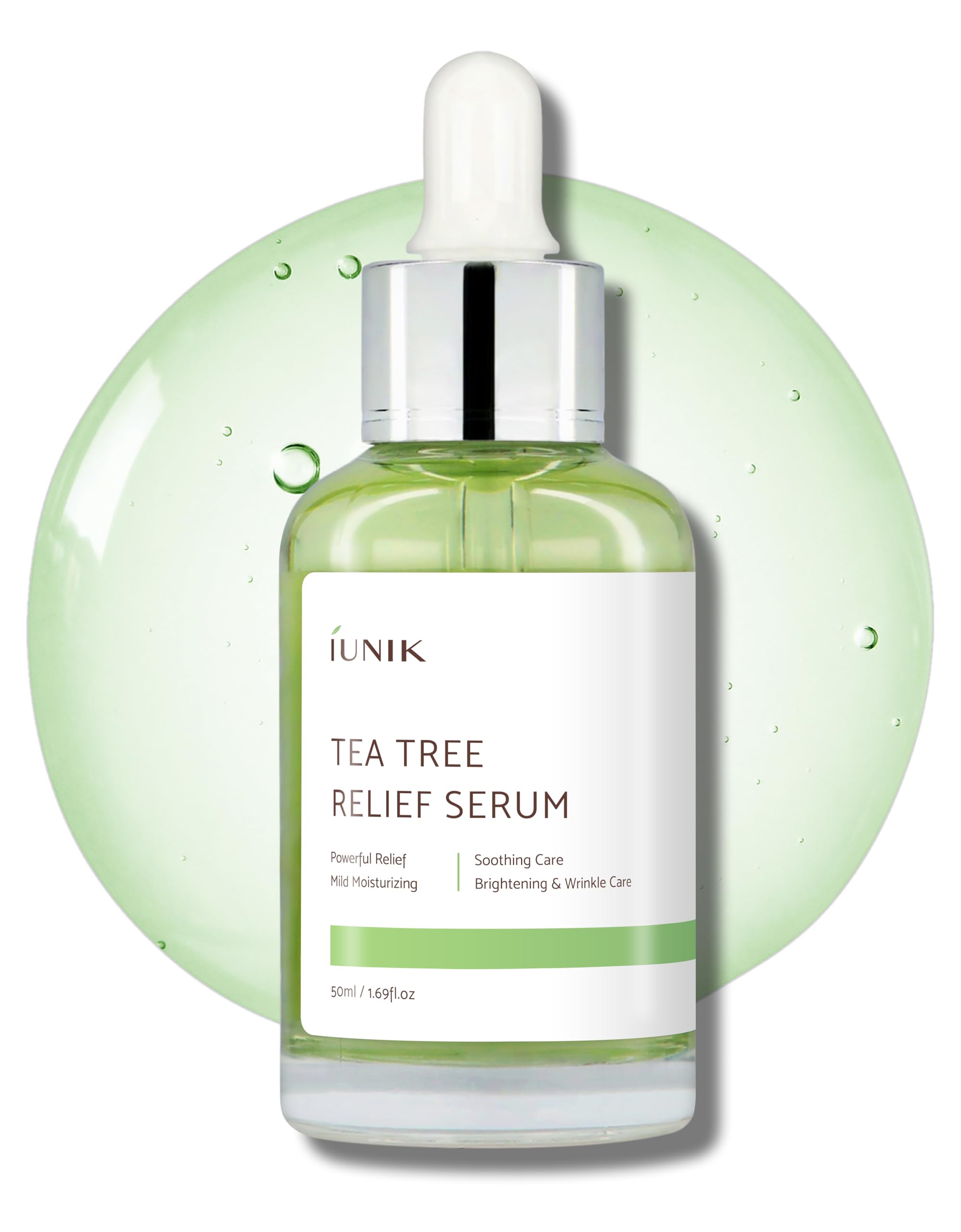 IUNIK Tea Tree Relief Serum bottle pour shows lightweight hydration for acne-prone skin.