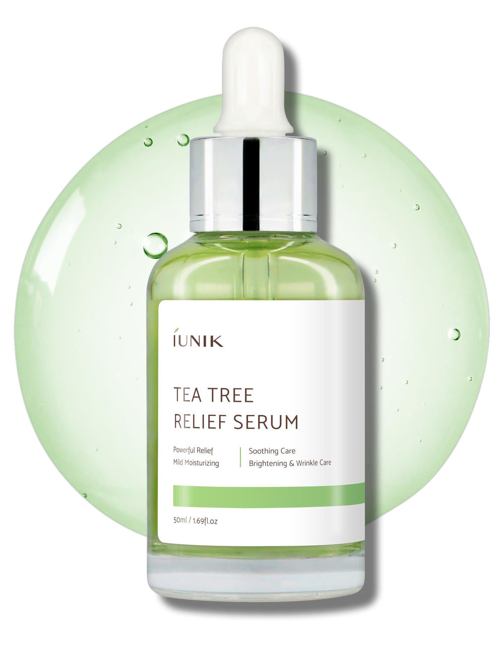 IUNIK Tea Tree Relief Serum bottle pour shows lightweight hydration for acne-prone skin.