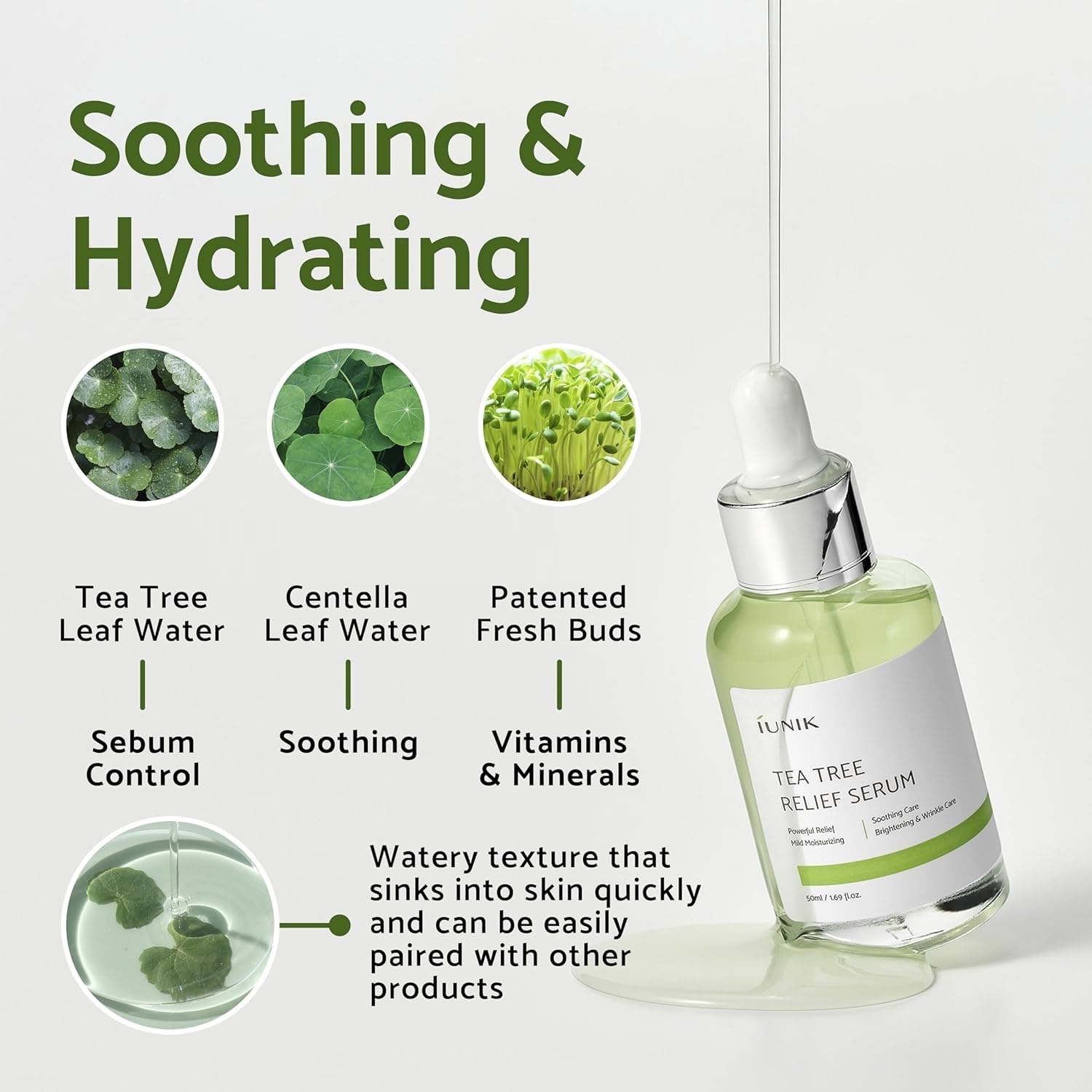 IUNIK Tea Tree Relief Serum ingredients closeup highlighting Centella and tea tree plant waters for soothing care.