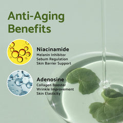 IUNIK Tea Tree Relief Serum label closeup confirms fragrance-free and alcohol-free formula for sensitive skin.