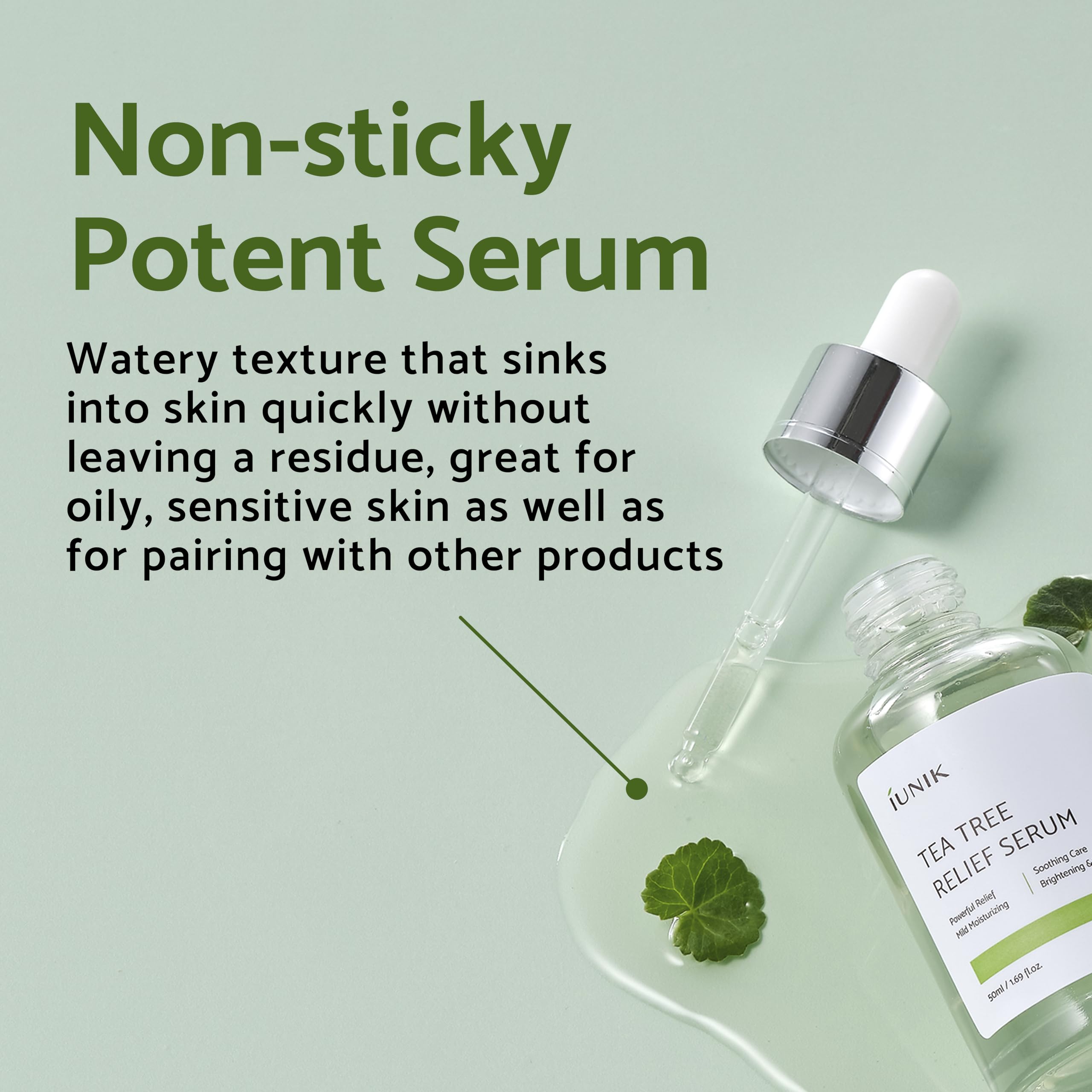 IUNIK Tea Tree Relief Serum packaging box emphasizes vegan serum for calming, balanced skin.