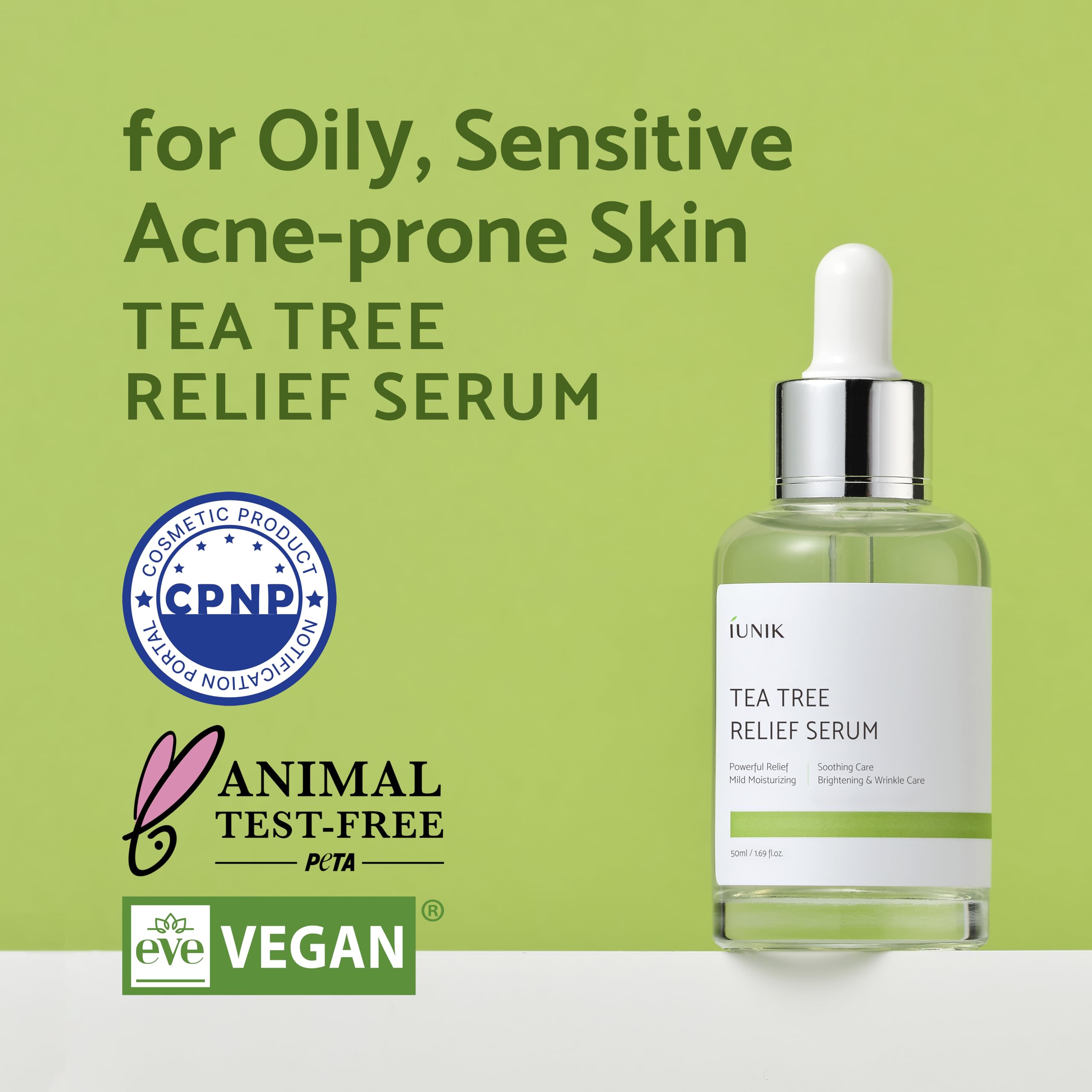 IUNIK Tea Tree Relief Serum texture closeup reveals a light, non-sticky feel for daily use.