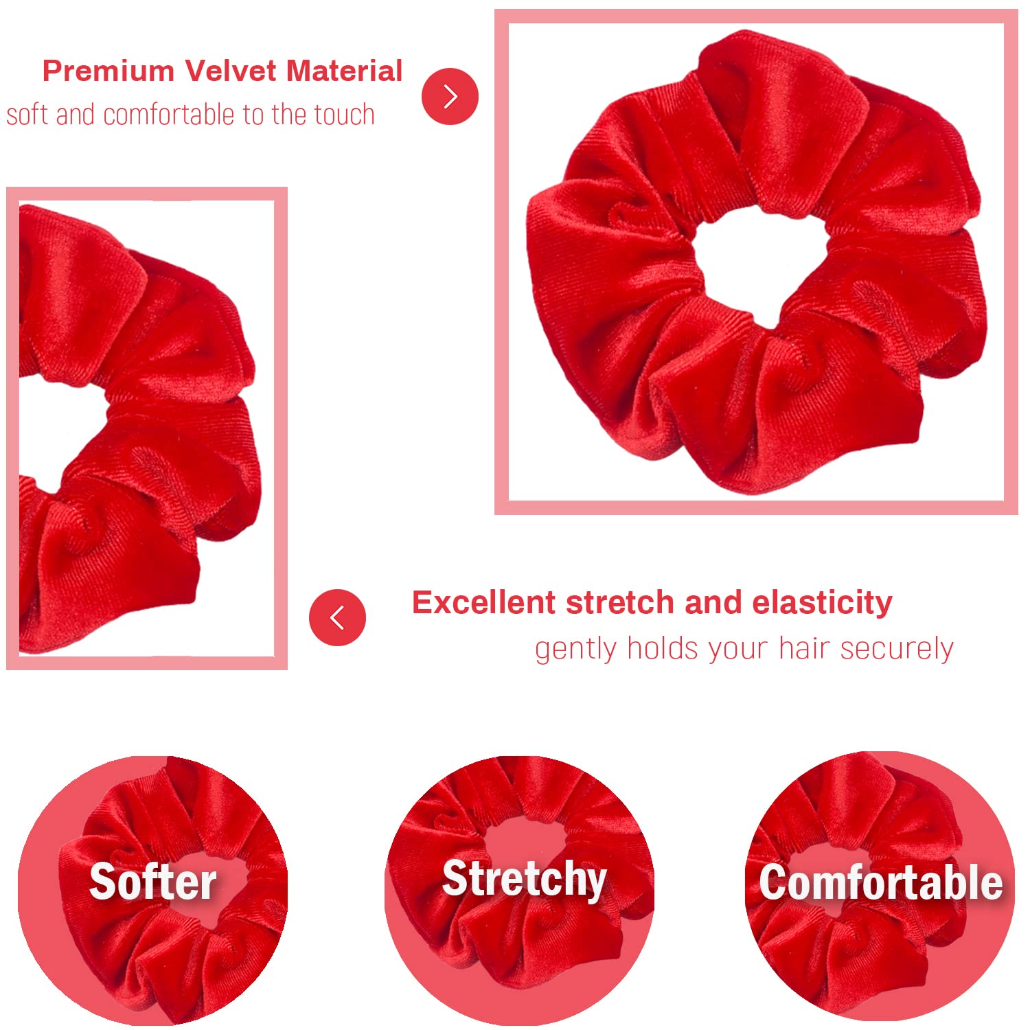 IVARYSS premium velvet red scrunchie highlights soft feel and strong stretch for all-day use.