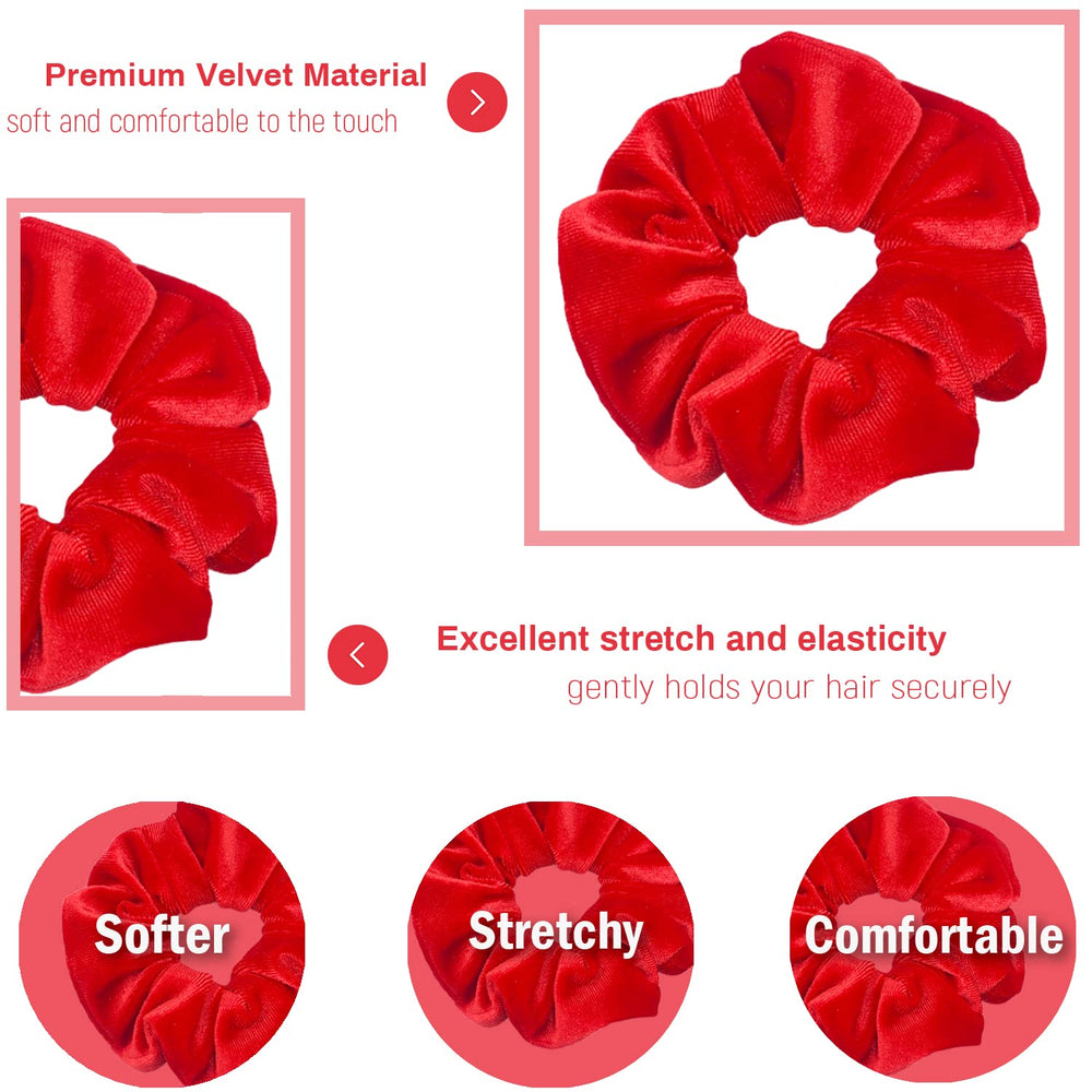 IVARYSS premium velvet red scrunchie highlights soft feel and strong stretch for all-day use.