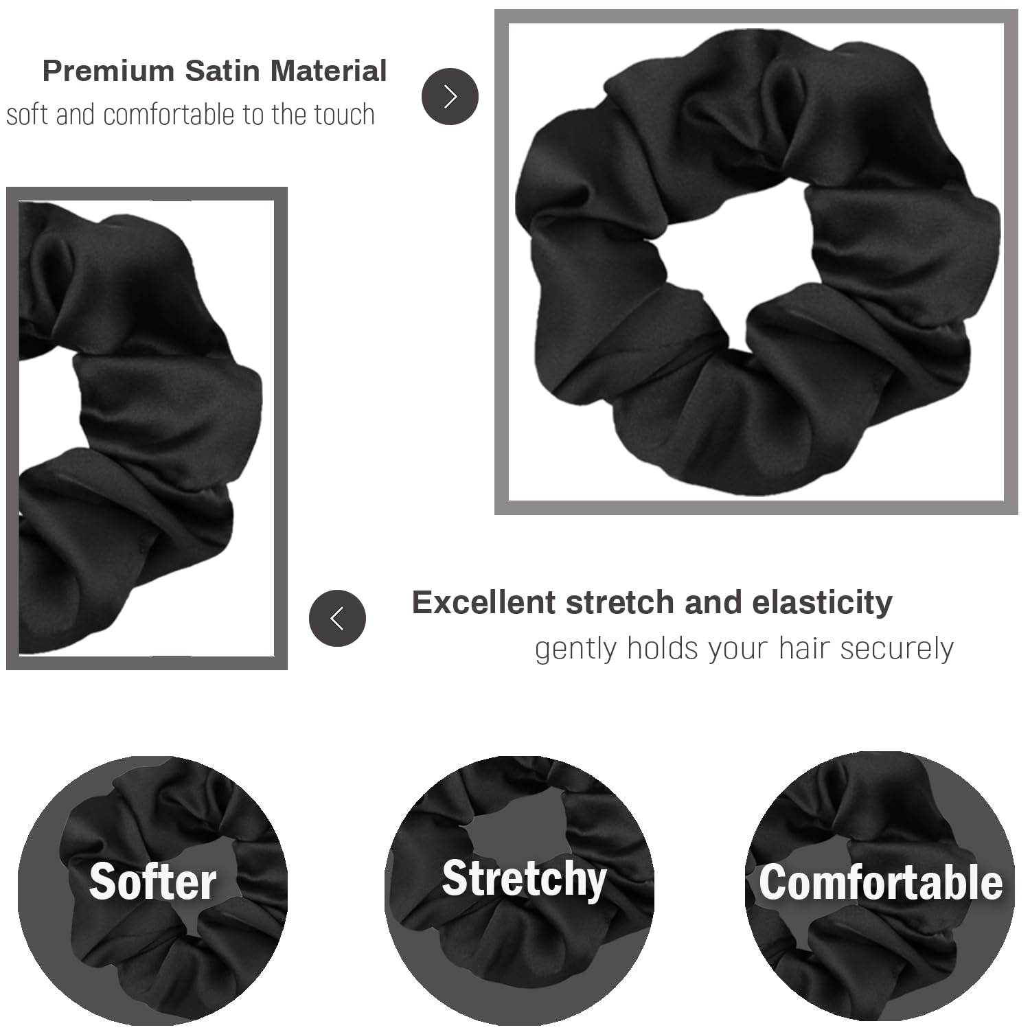 IVARYSS satin scrunchies black 16-pack; gentle texture for painless tying.