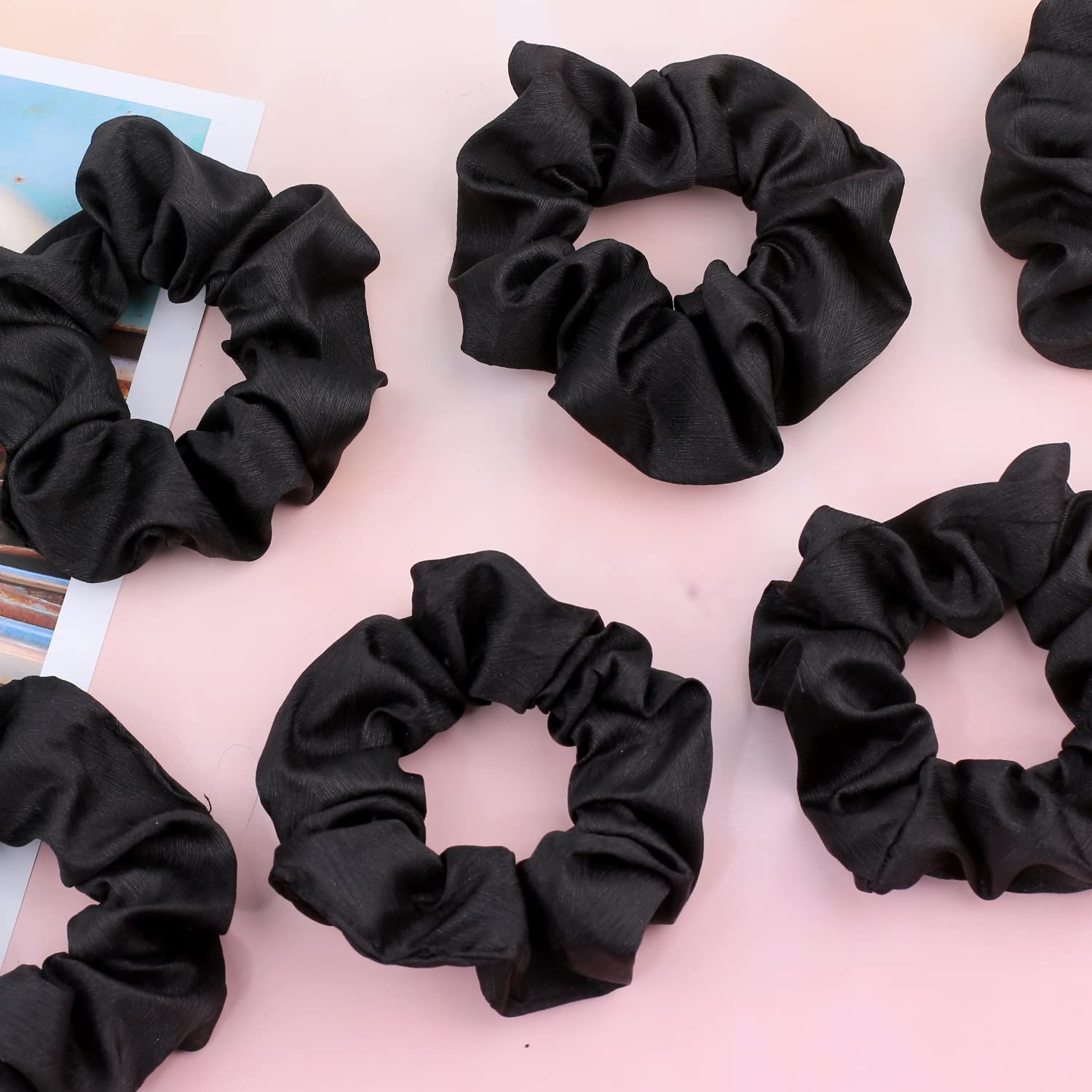 IVARYSS satin scrunchies black 16-pack; ideal for workouts or office days.