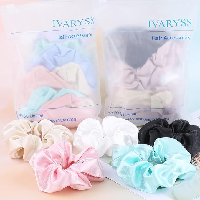 IVARYSS satin scrunchies brand logo on packaging signals premium quality and trust