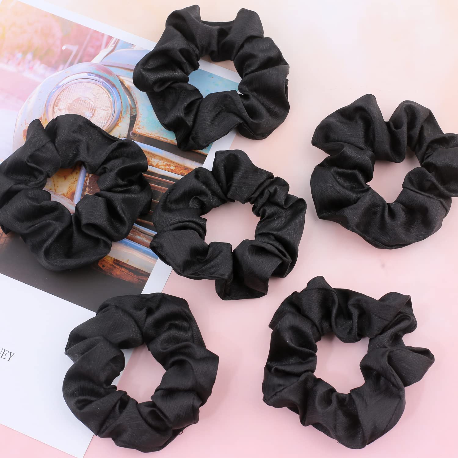 IVARYSS satin scrunchies black 16-pack; elastic and secure without snagging.