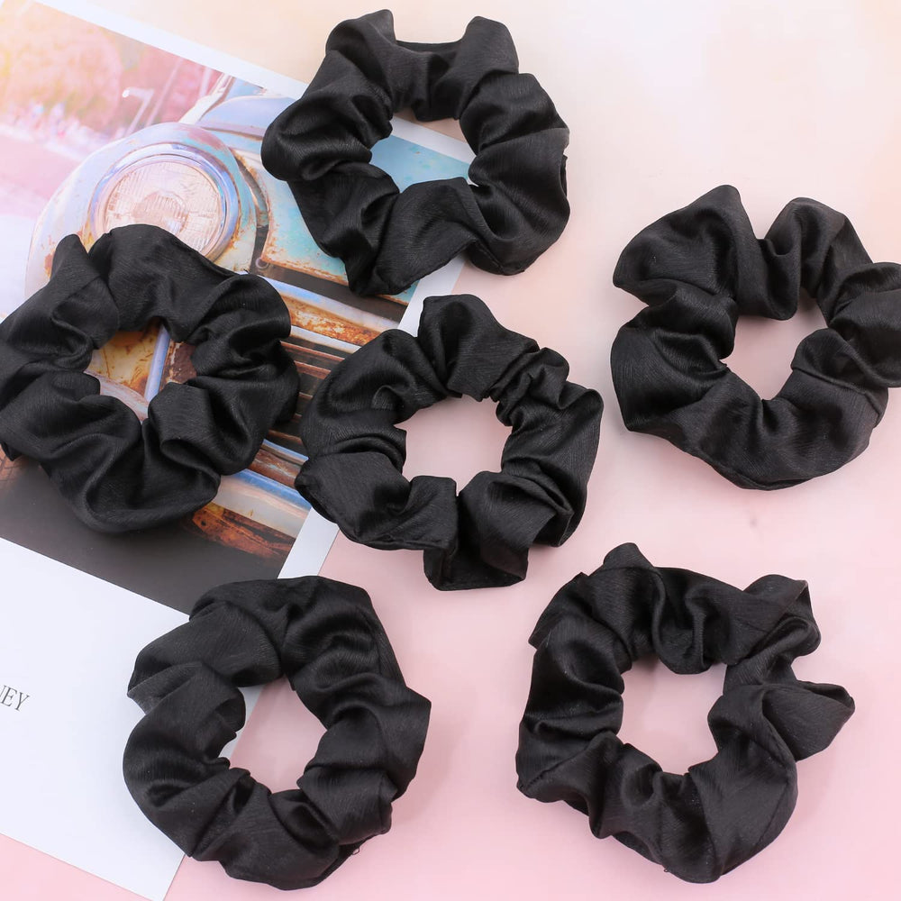 IVARYSS satin scrunchies black 16-pack; elastic and secure without snagging.