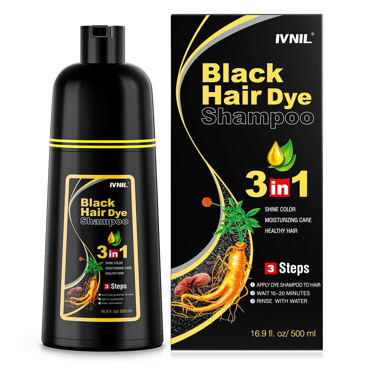 Ivnil Black Hair Dye Shampoo bottle for at-home gray coverage and convenience.
