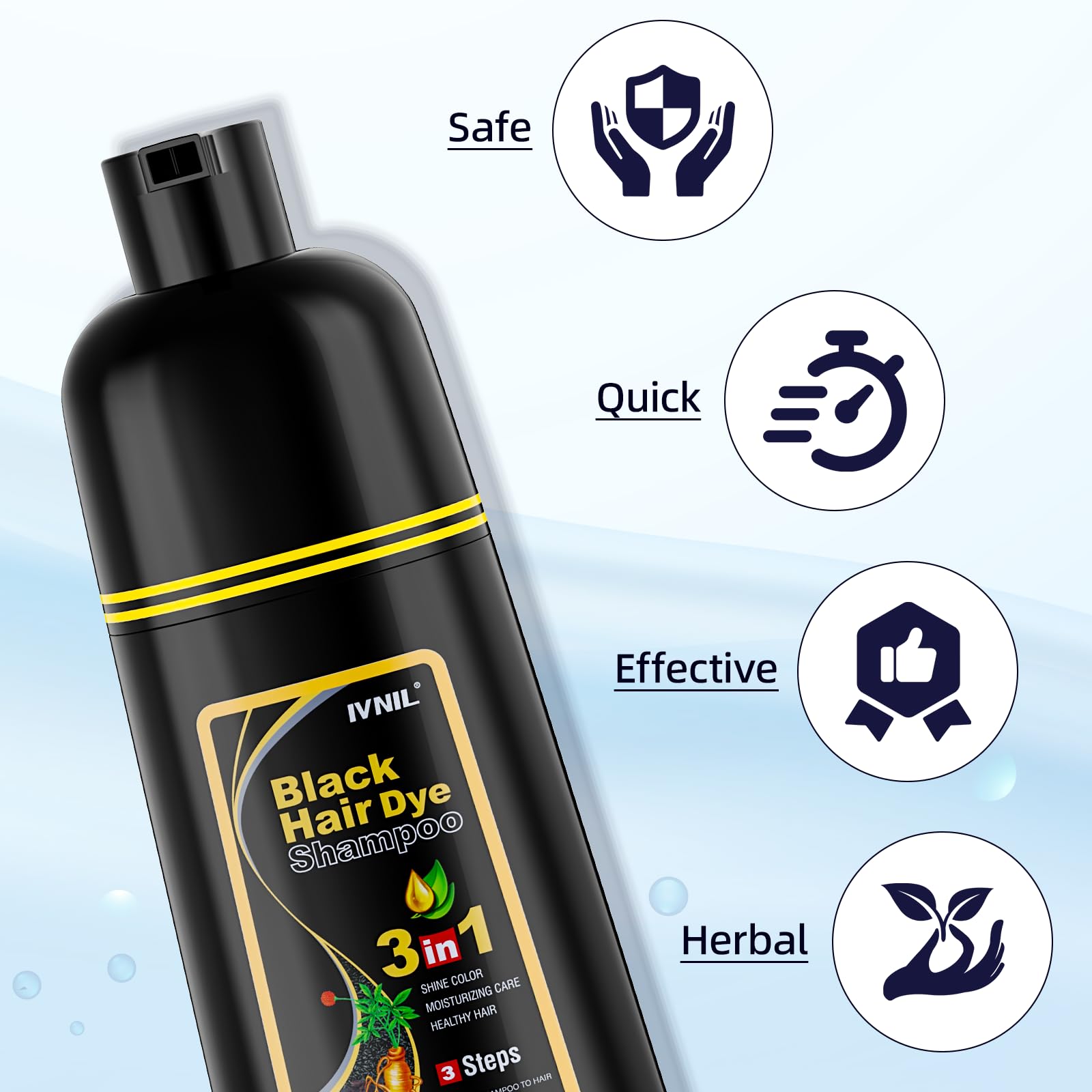 Ivnil Black Hair Dye Shampoo packaging highlights paraben-free formula and safe-use promise.