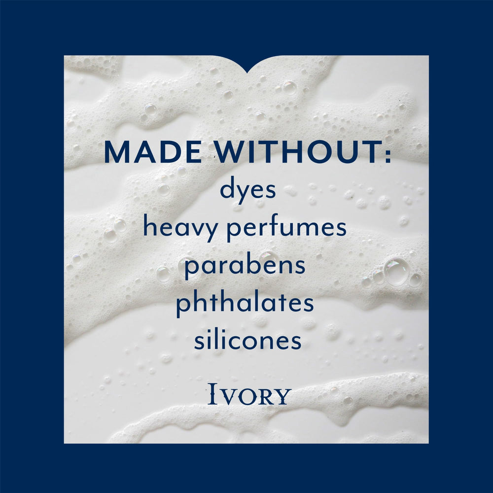 Ivory Body Wash Original back label highlights dye-free, fragrance-light formula for sensitive skin.