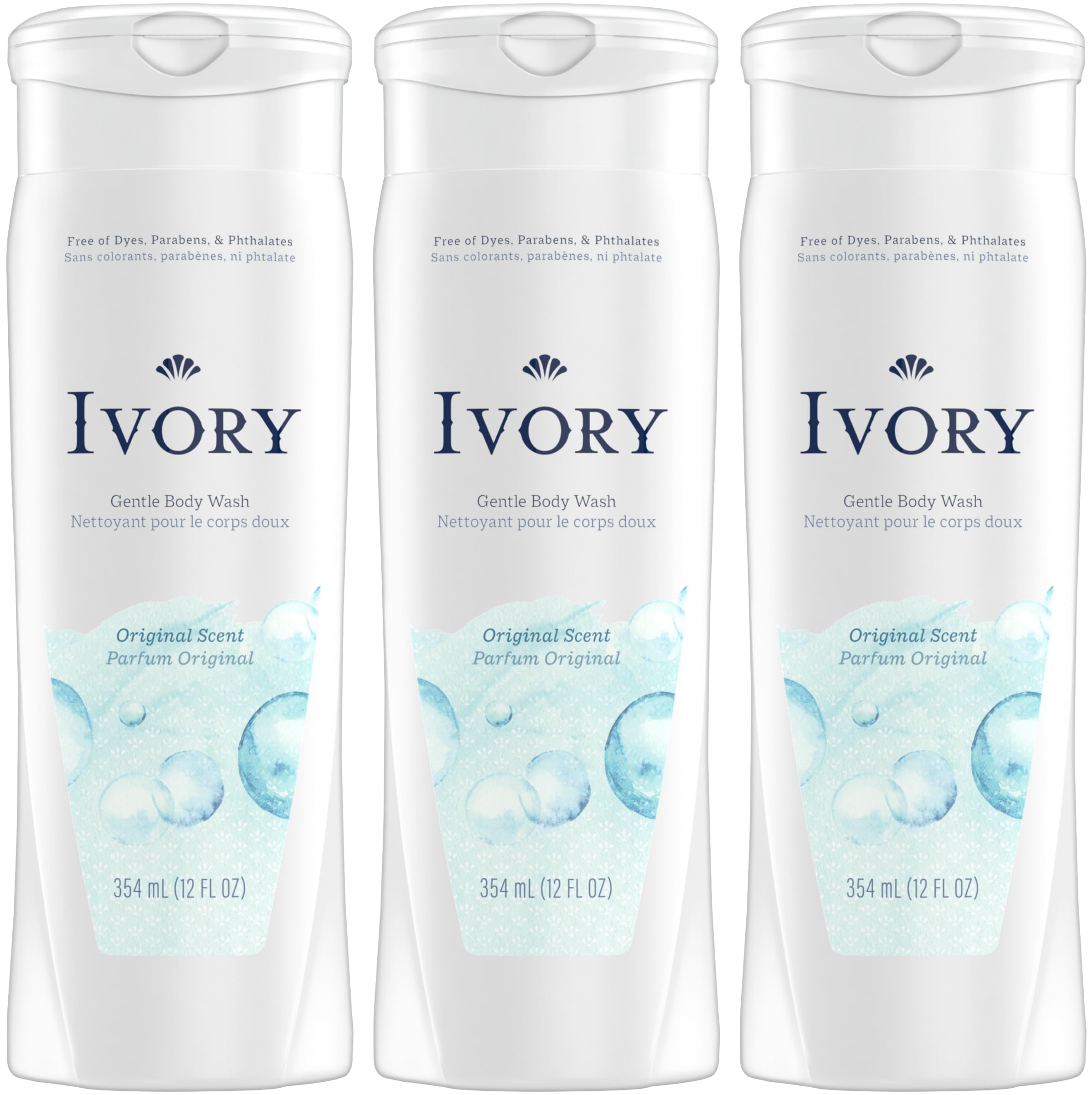 Ivory Body Wash Original bottle front shows dye-free, gentle-clean formula for the whole family.