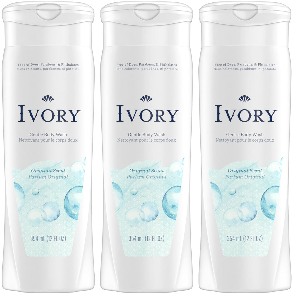 Ivory Body Wash Original bottle front shows dye-free, gentle-clean formula for the whole family.