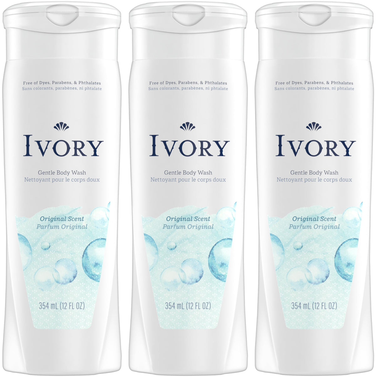 Ivory Body Wash Original bottle front shows dye-free, gentle-clean formula for the whole family.